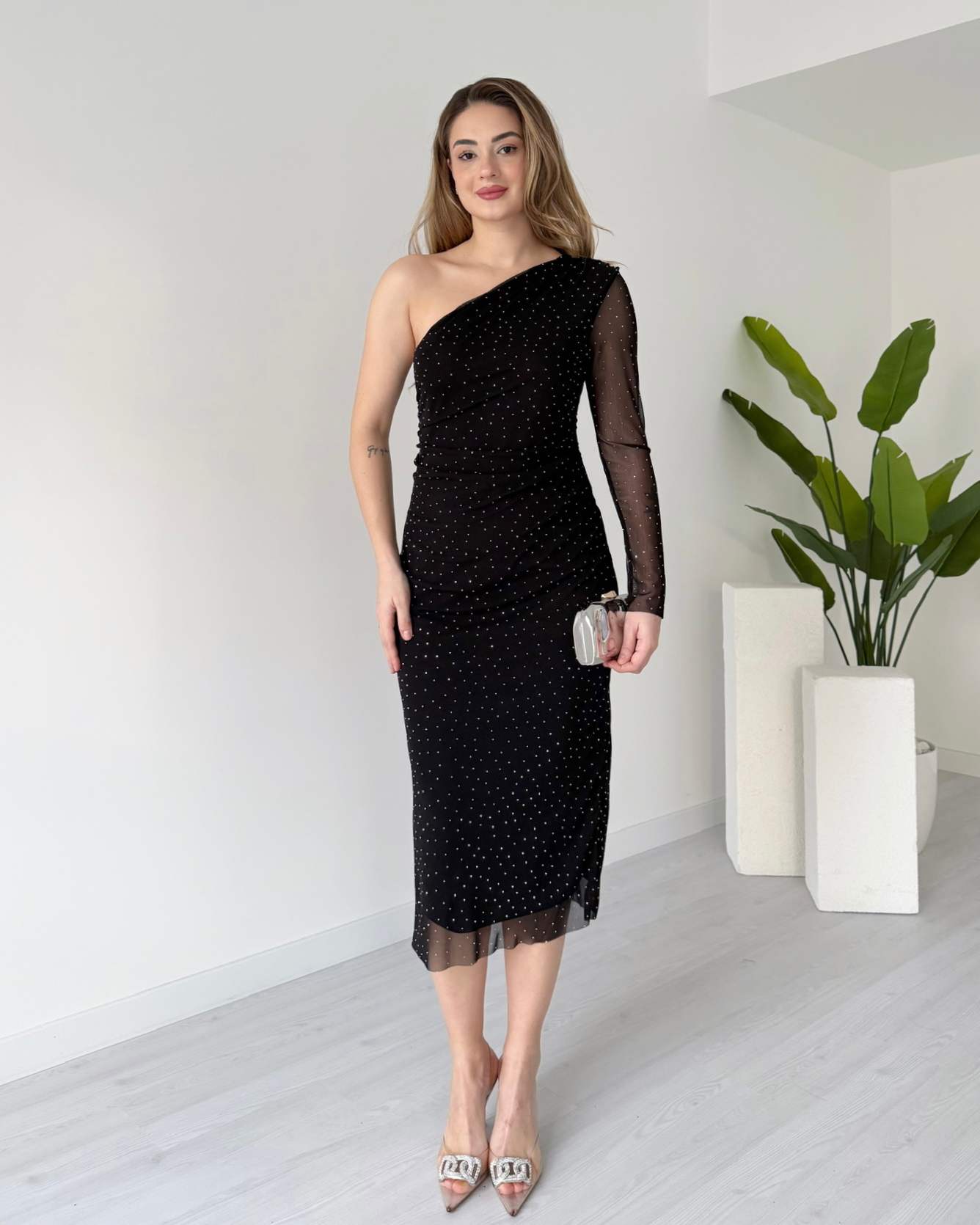 Tek Omuz Taş Süslemeli Tül Elbise