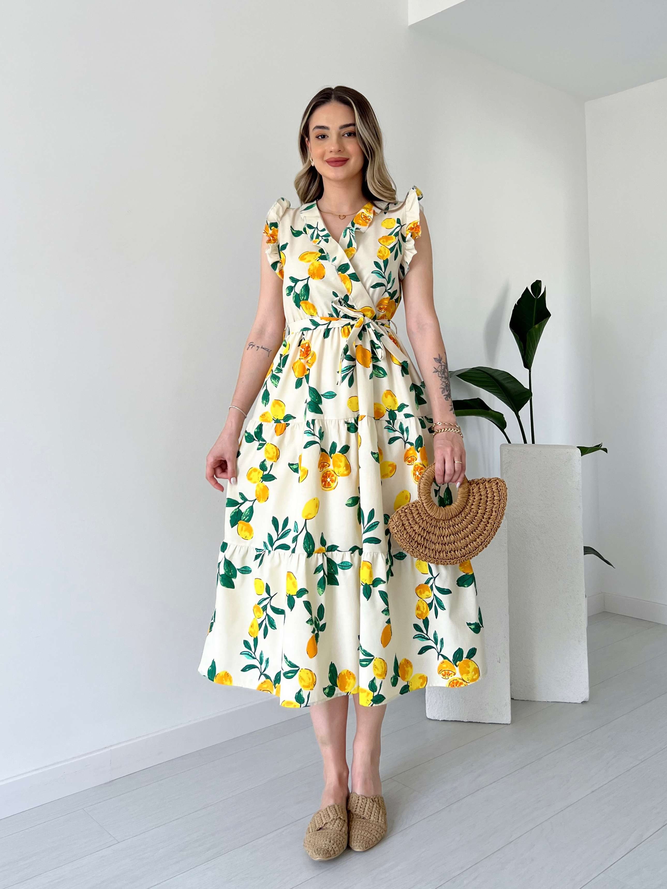 Limon Desen Fırfırlı Poplin Elbise