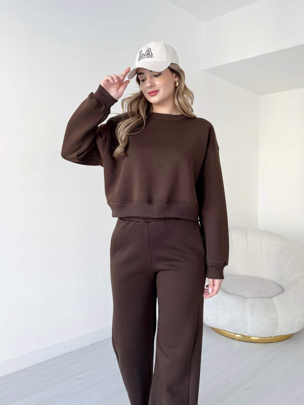 Kesik Paça Üç İplik Eşofman Takımı - Kahve