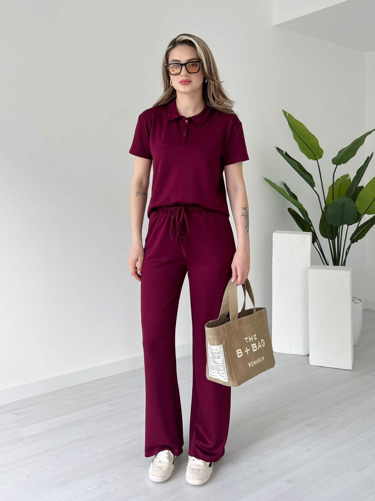 Polo Yaka Kısa Kollu Casual Takım - Bordo