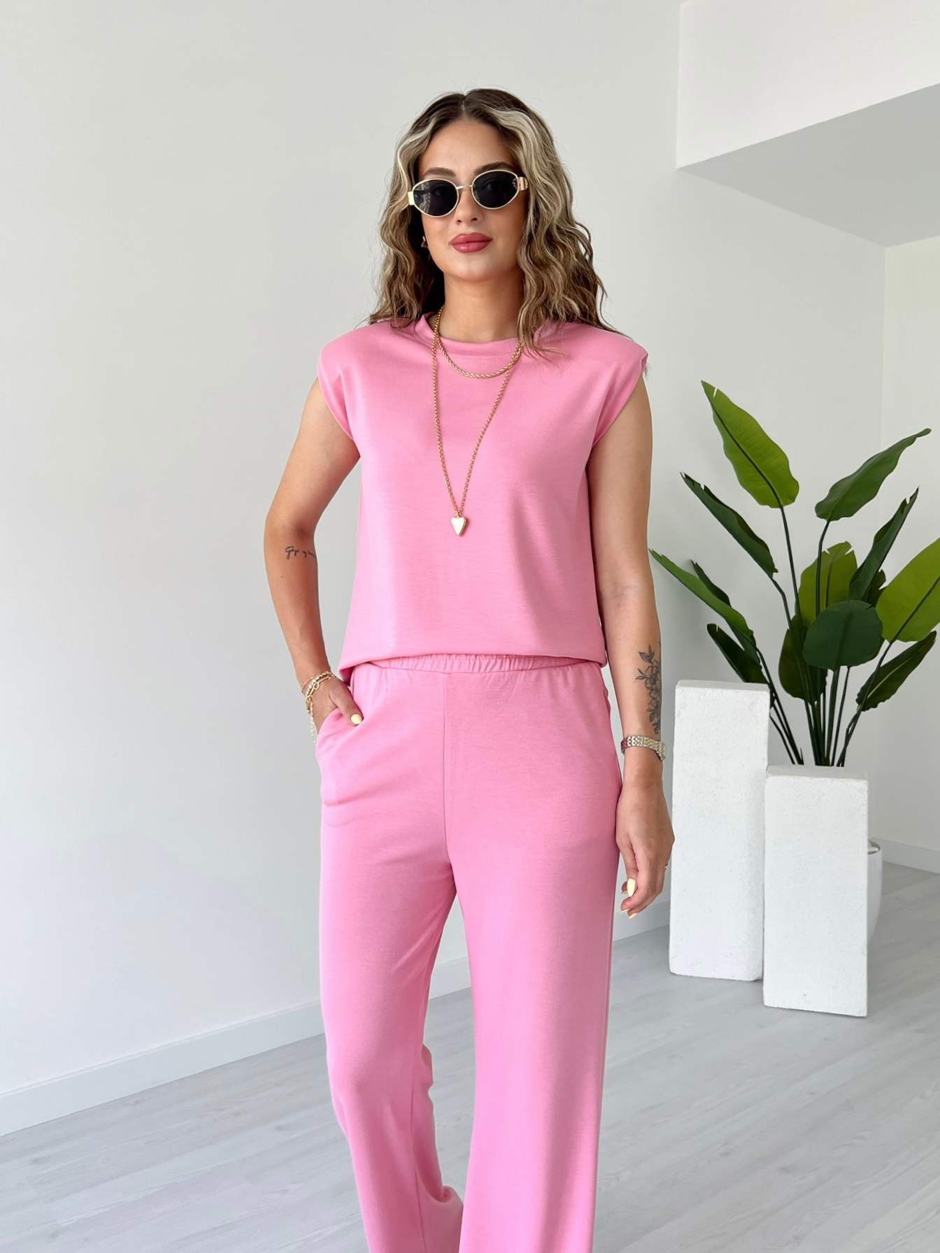 Omuzları Vatkalı Modal Kumaş İkili Takım - Pembe