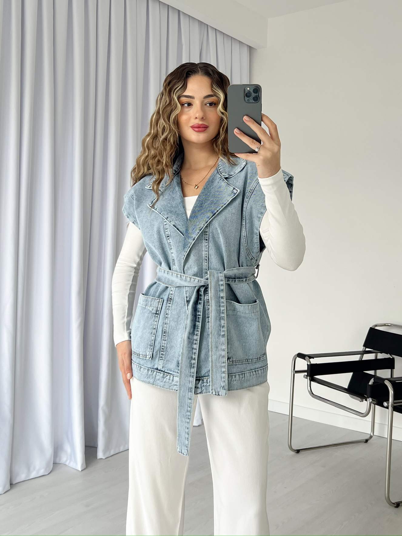 Kuşaklı Denim Yelek - Açık Mavi