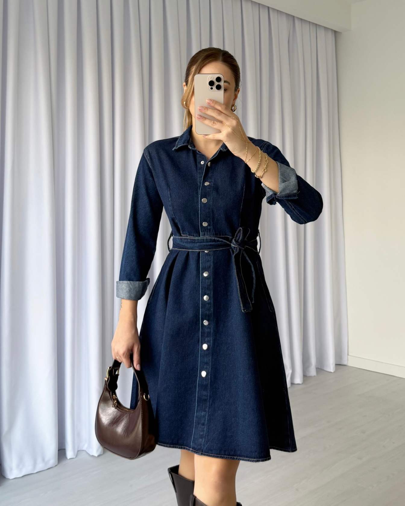 Koyu Mavi Kuşaklı Denim Elbise