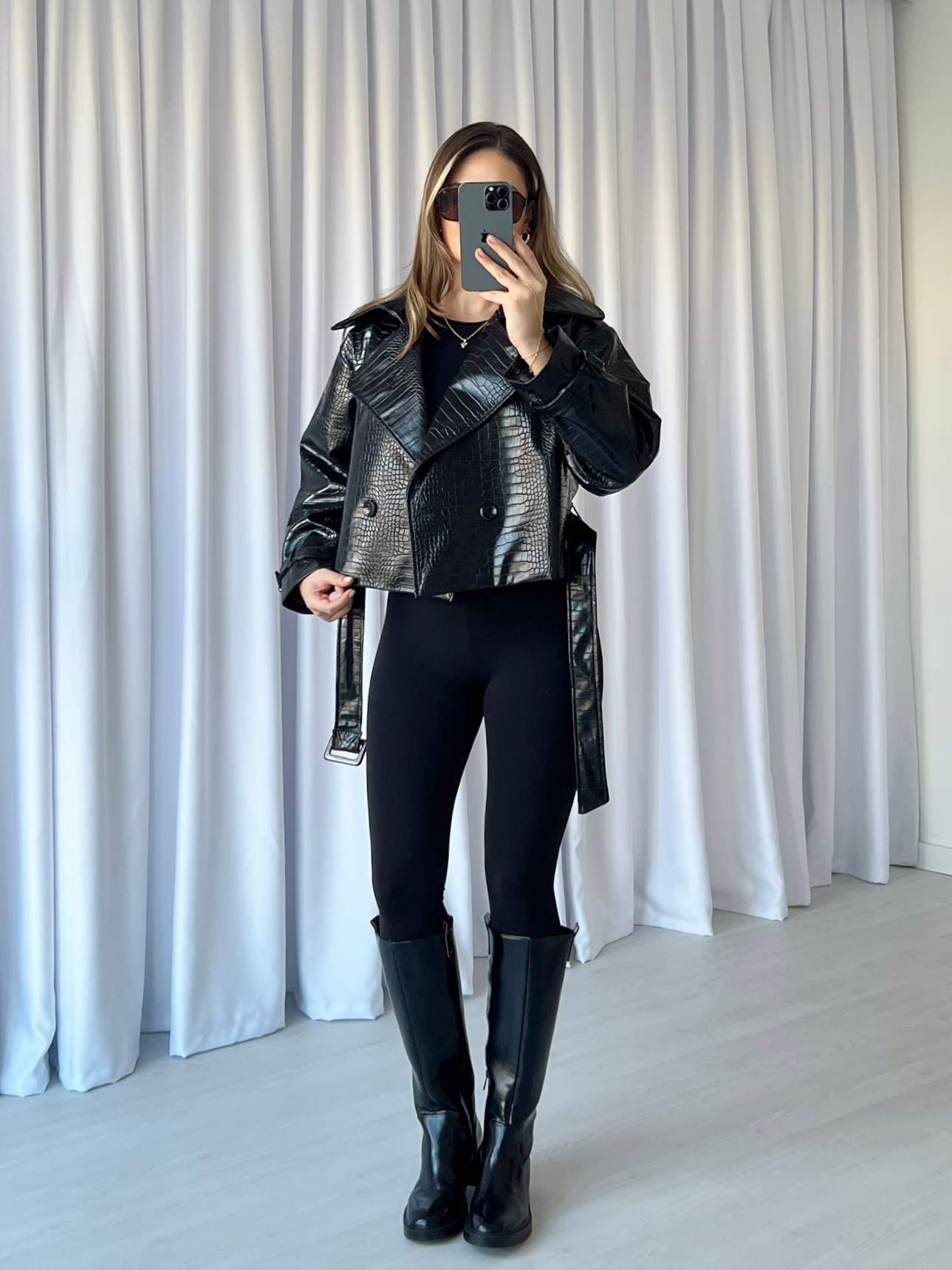 Kruvaze Yaka Krokodil Deri Ceket