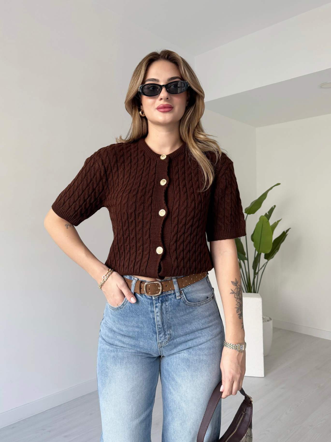 Gold Düğmeli Saçörgü Kazak - Kahve