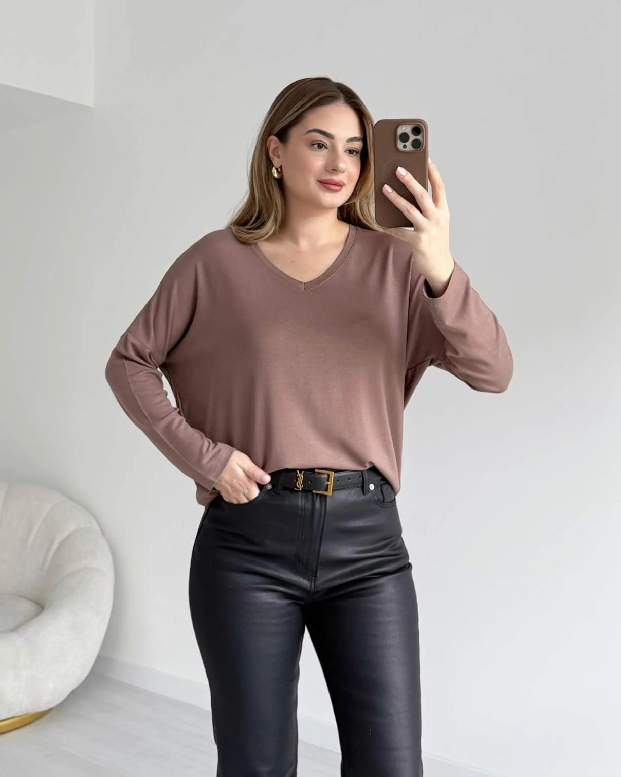 V Yaka Triko Bluz - Kahve