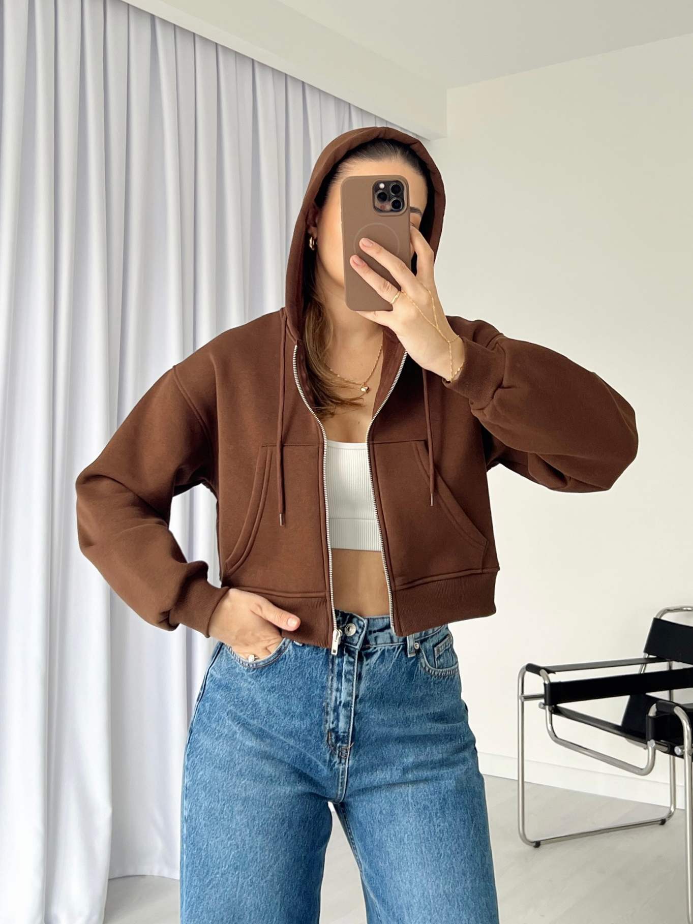 Fermuarlı Crop Basic Sweatshirt - Kahve