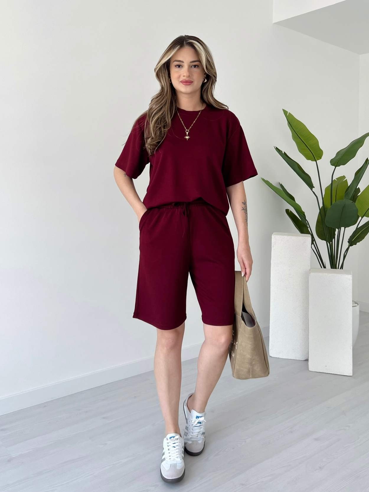 Modal Kumaş Şortlu Takım - Bordo