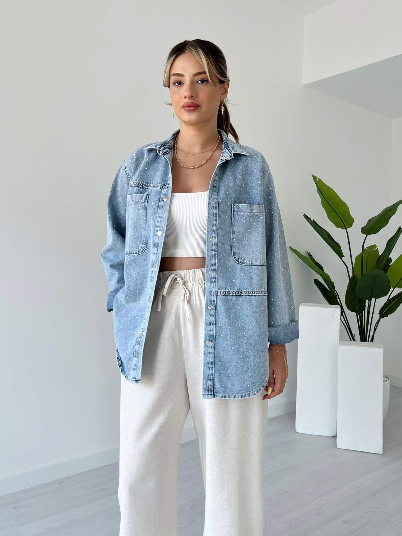 Serpme Taşlı Denim Gömlek