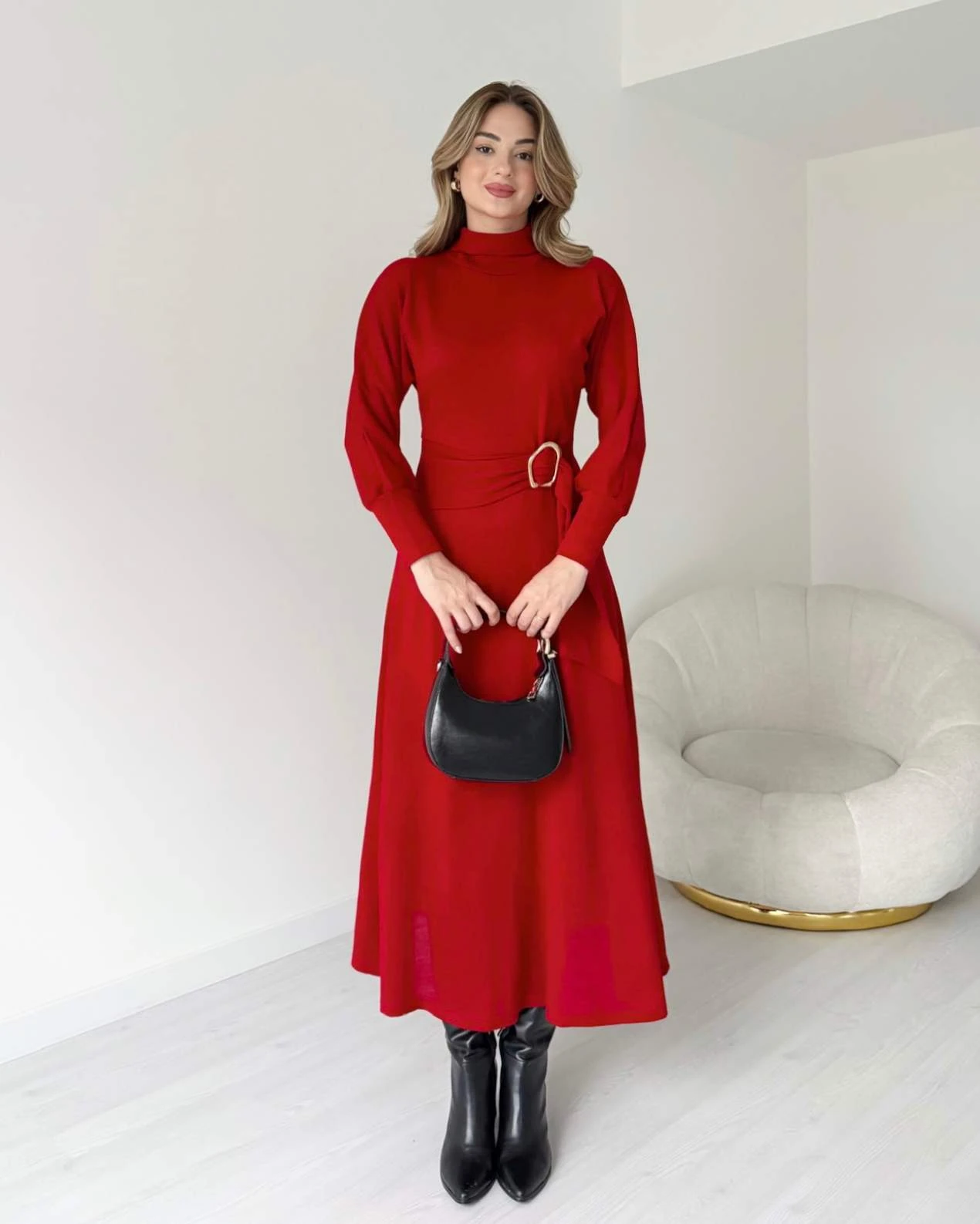 Balıkçı Yaka Kuşak Detaylı Triko Elbise