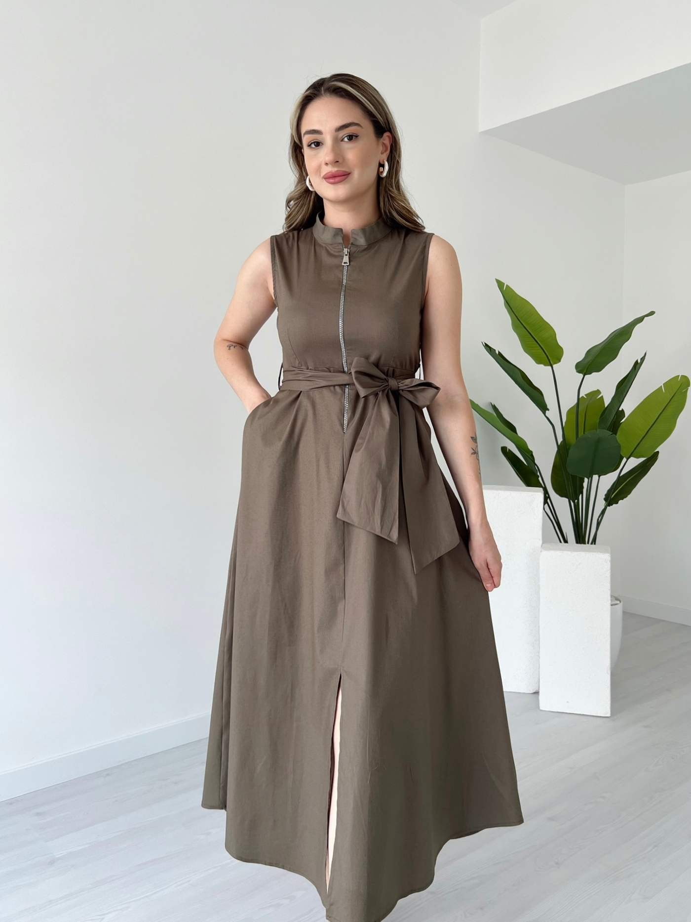 Fermuarlı Midi Boy Poplin Elbise - Haki
