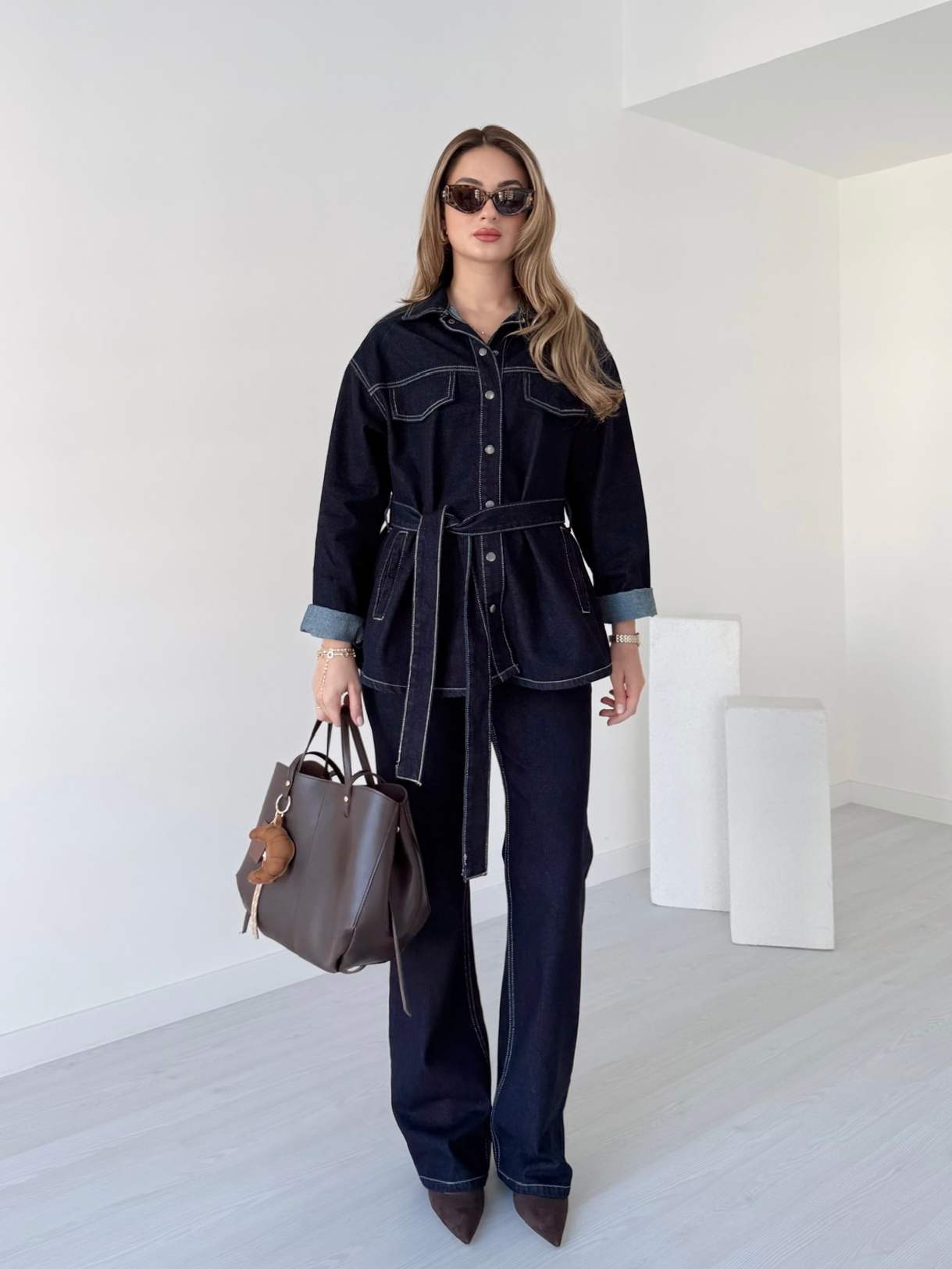 Kuşaklı Denim Ceket Pantolon Takım
