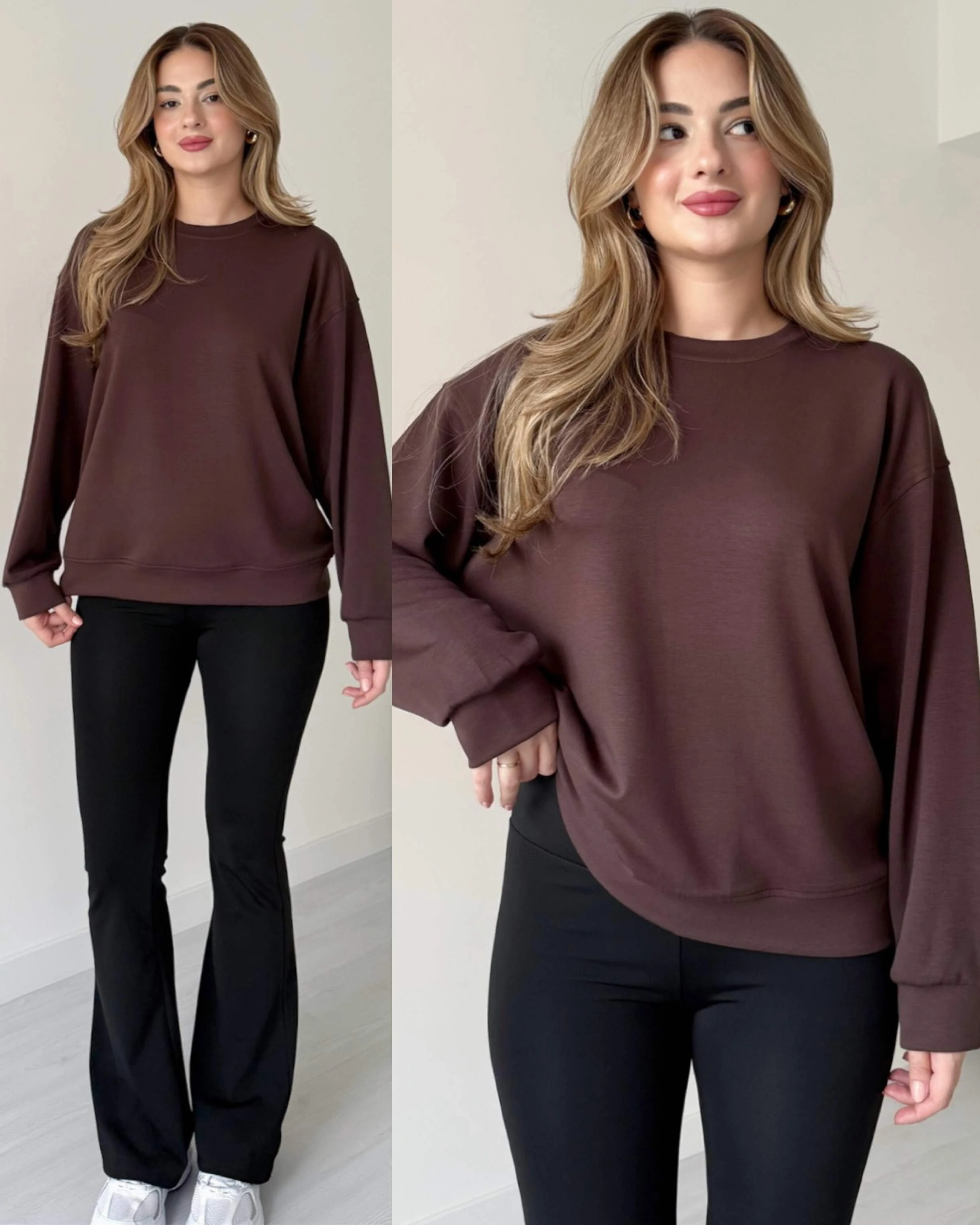 Modal Kumaş Oversize Basic Sweatshirt - Kahve