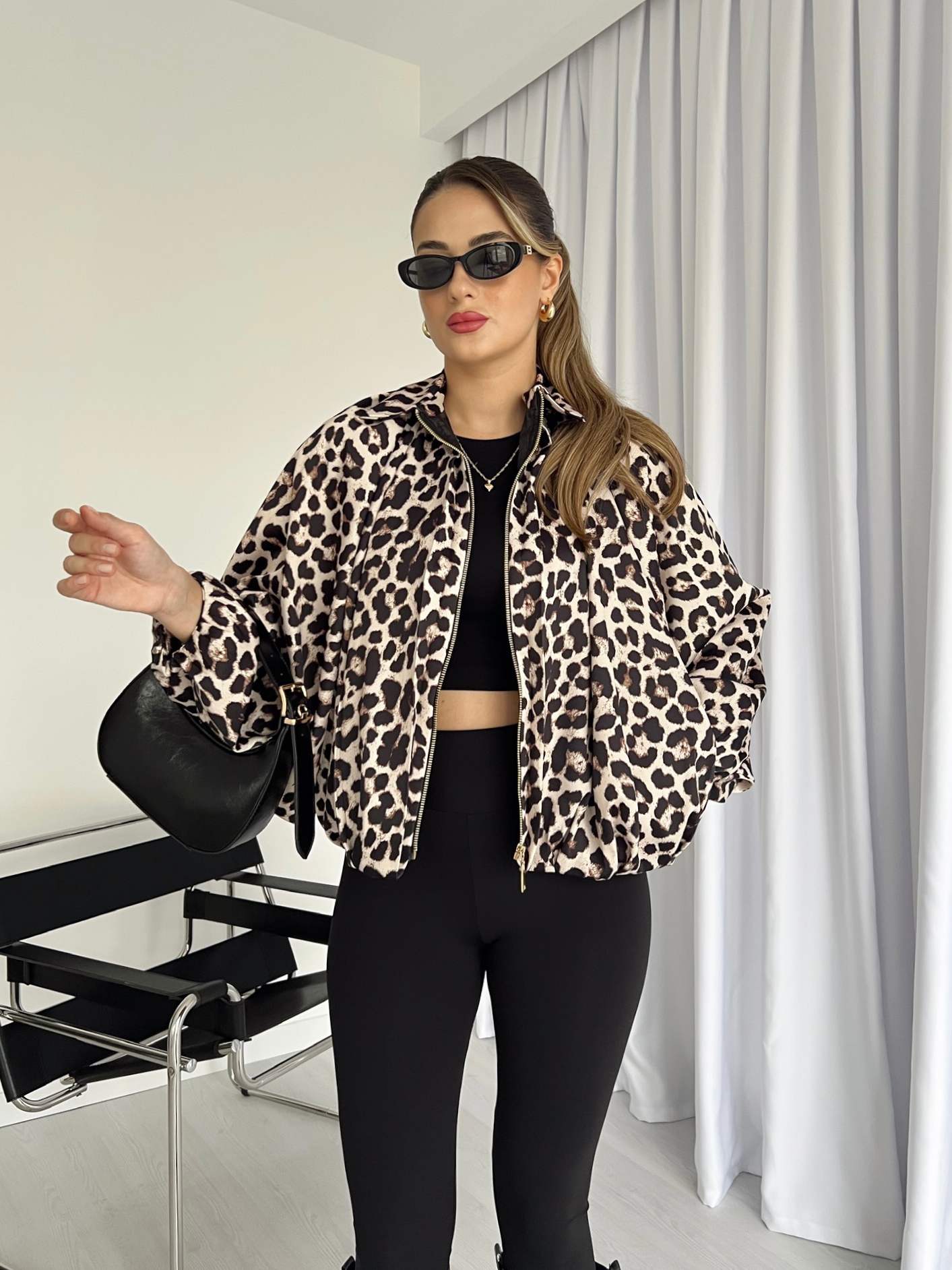 Leopar Desenli Saten Bomber Ceket