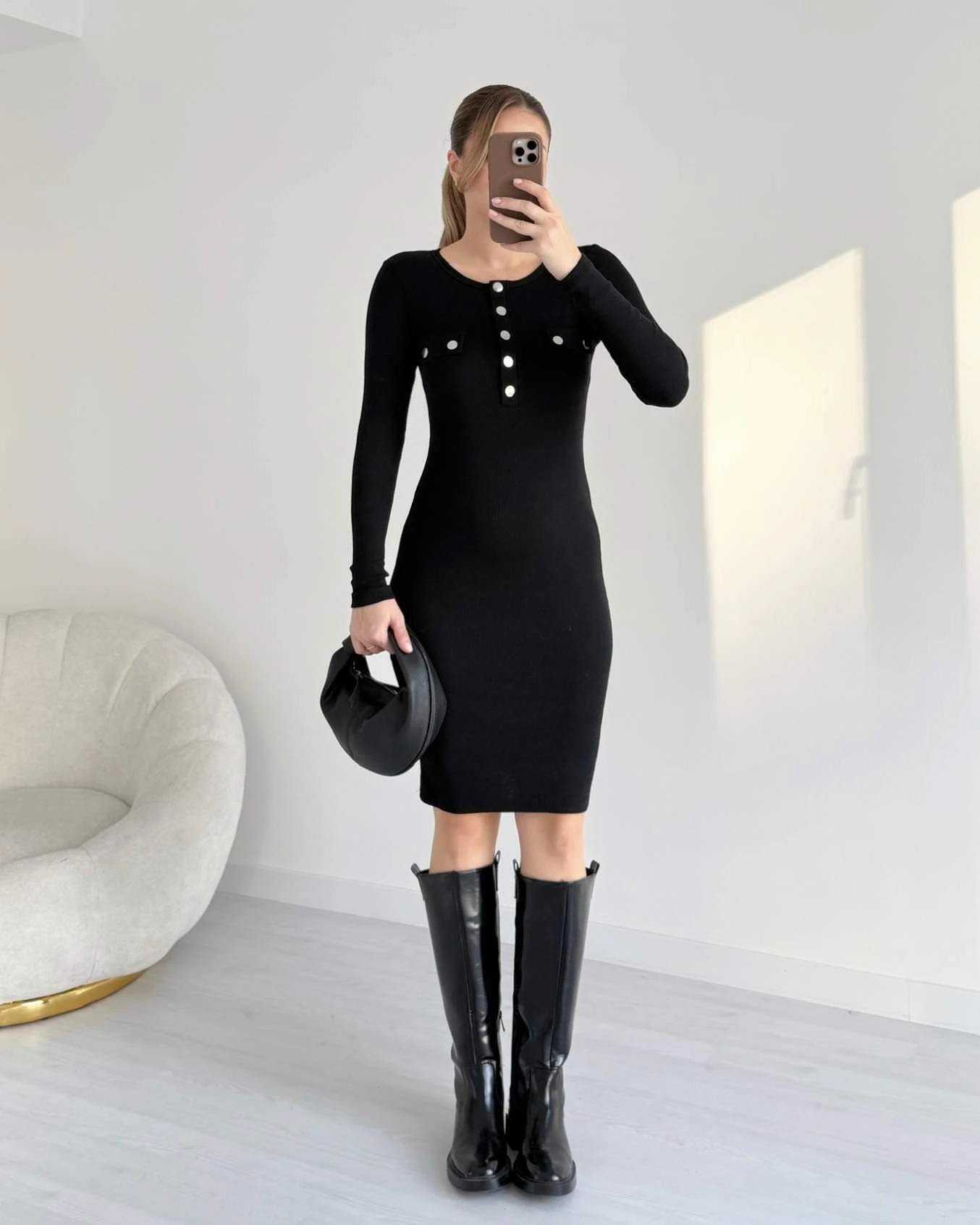 Düğme Detaylı Uzun Kol Penye Elbise