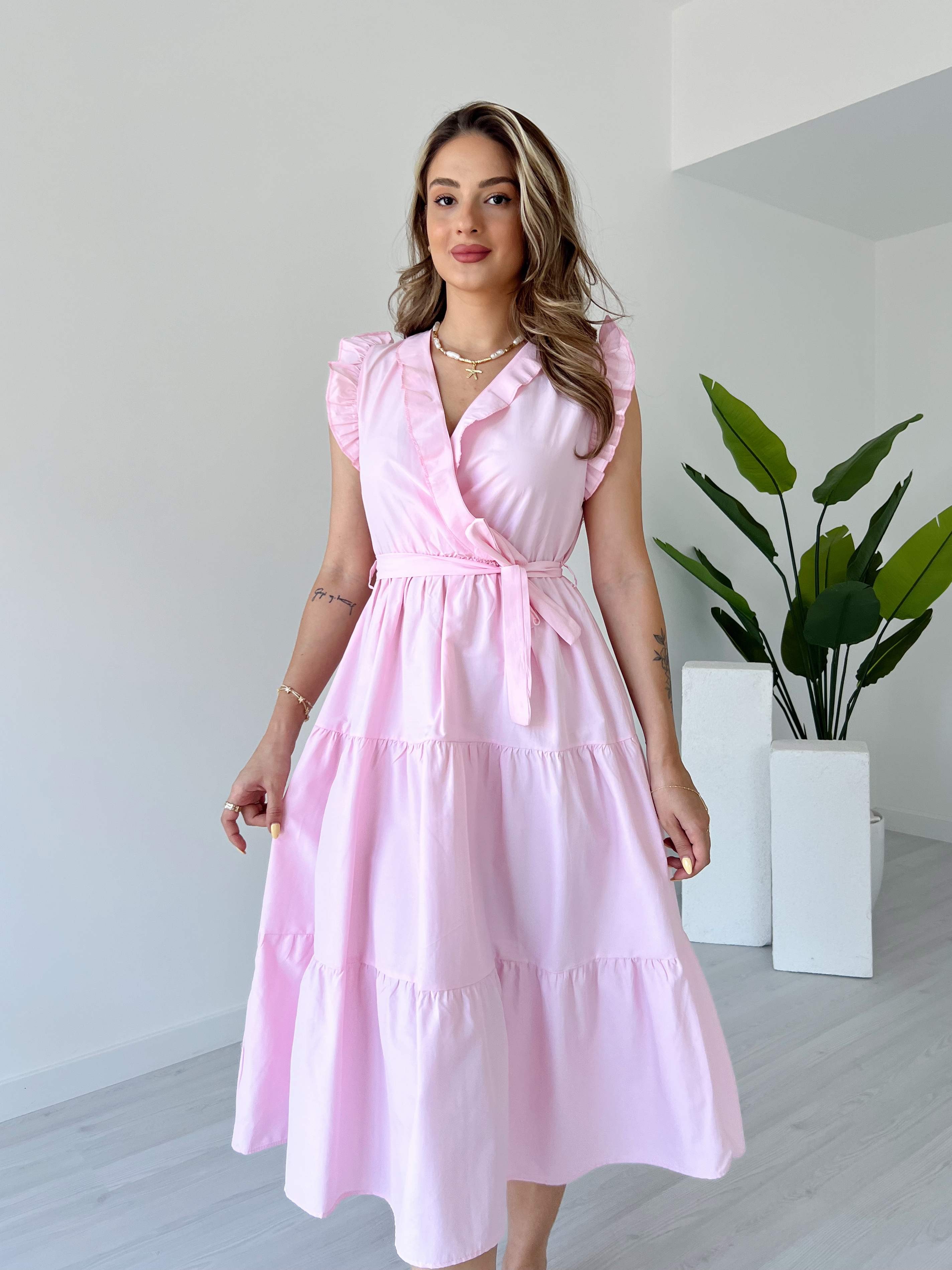 Yaka ve Kolları Fırfırlı Poplin Elbise - Açık Pembe