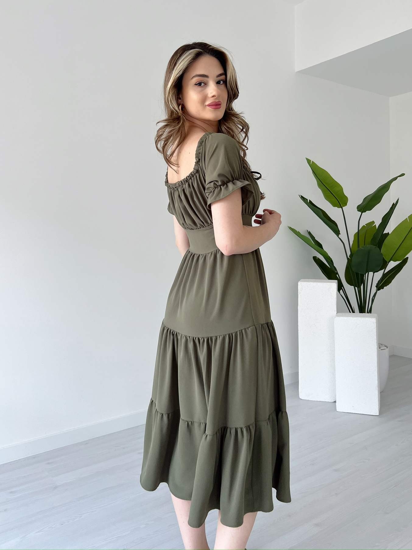 Yaka ve Kol Lastikli LAUREL Elbise - Haki