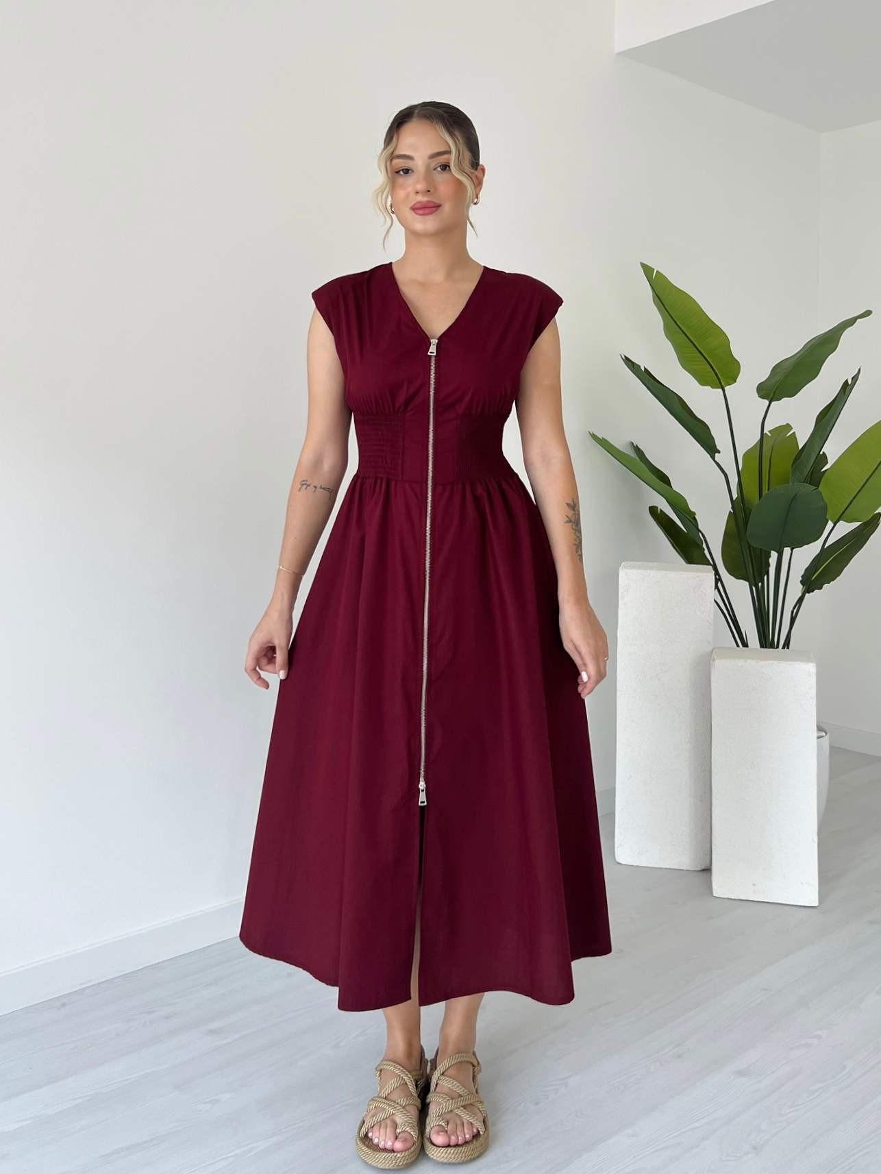 Önü Fermuarlı Midi Boy Poplin Elbise - Bordo