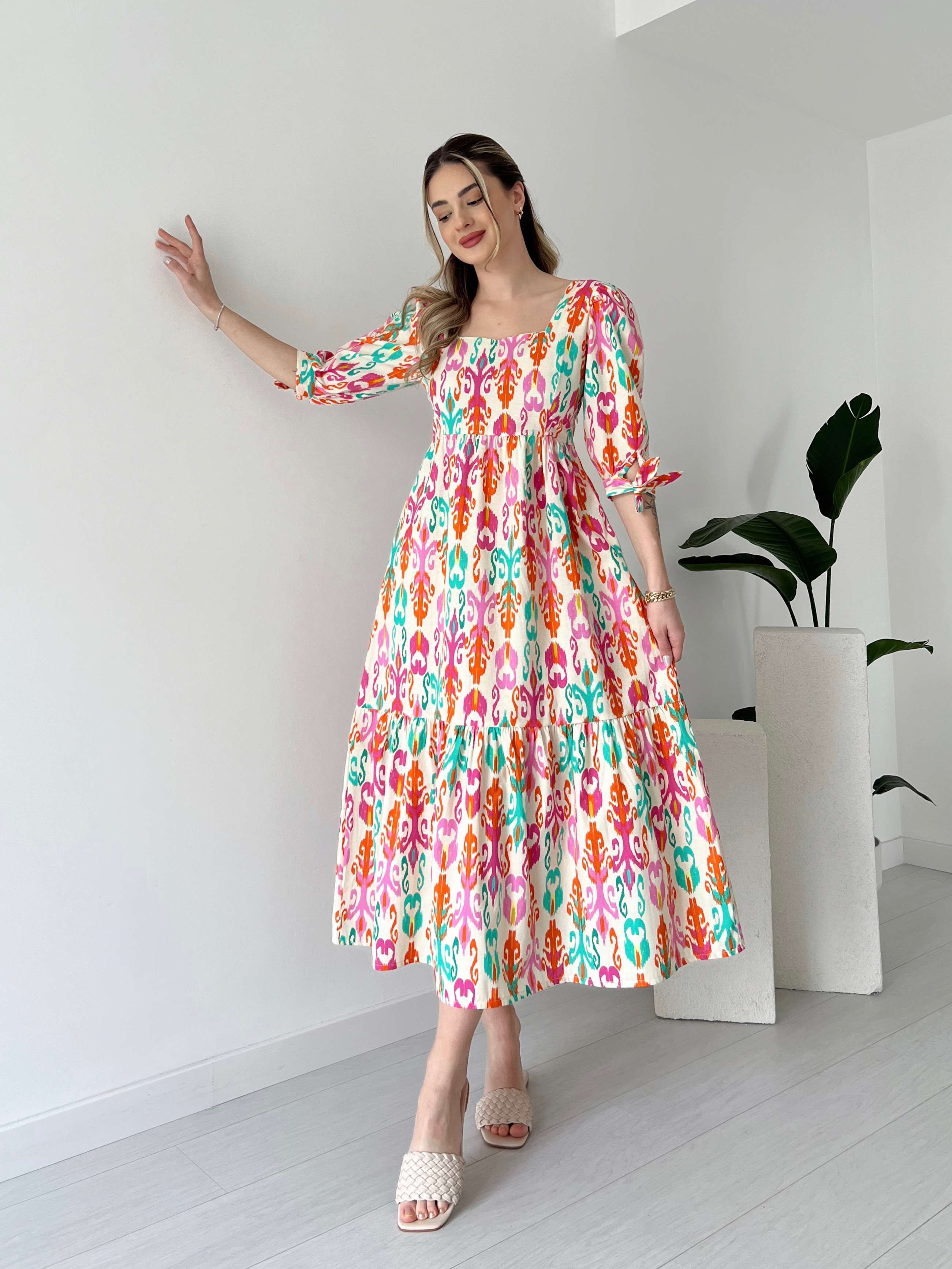 Kol Bağcıklı Desenli Poplin Elbise - Çok Renkli