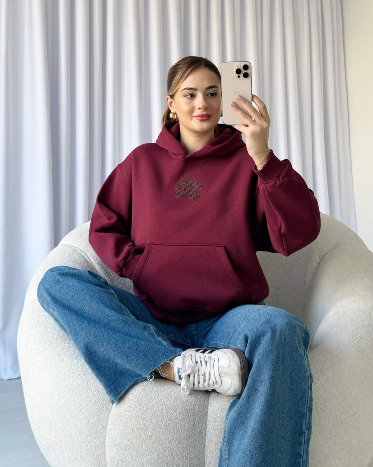 Kanguru Cep Baskılı ROSE Sweatshirt - Bordo