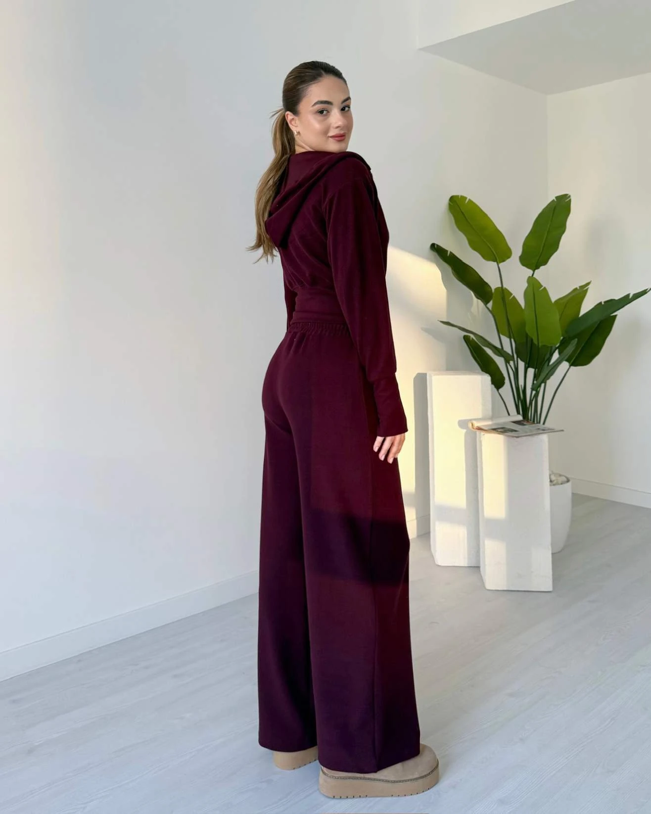 Selanik Kumaş Parmak Geçmeli İkili Takım - Bordo