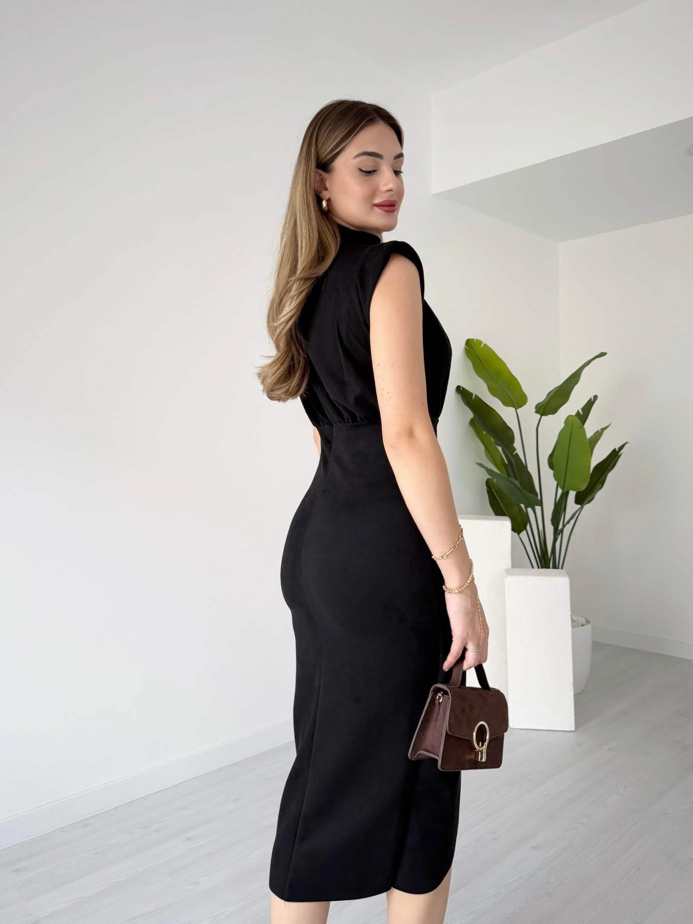 Midi Boy Vatkalı Süet Elbise