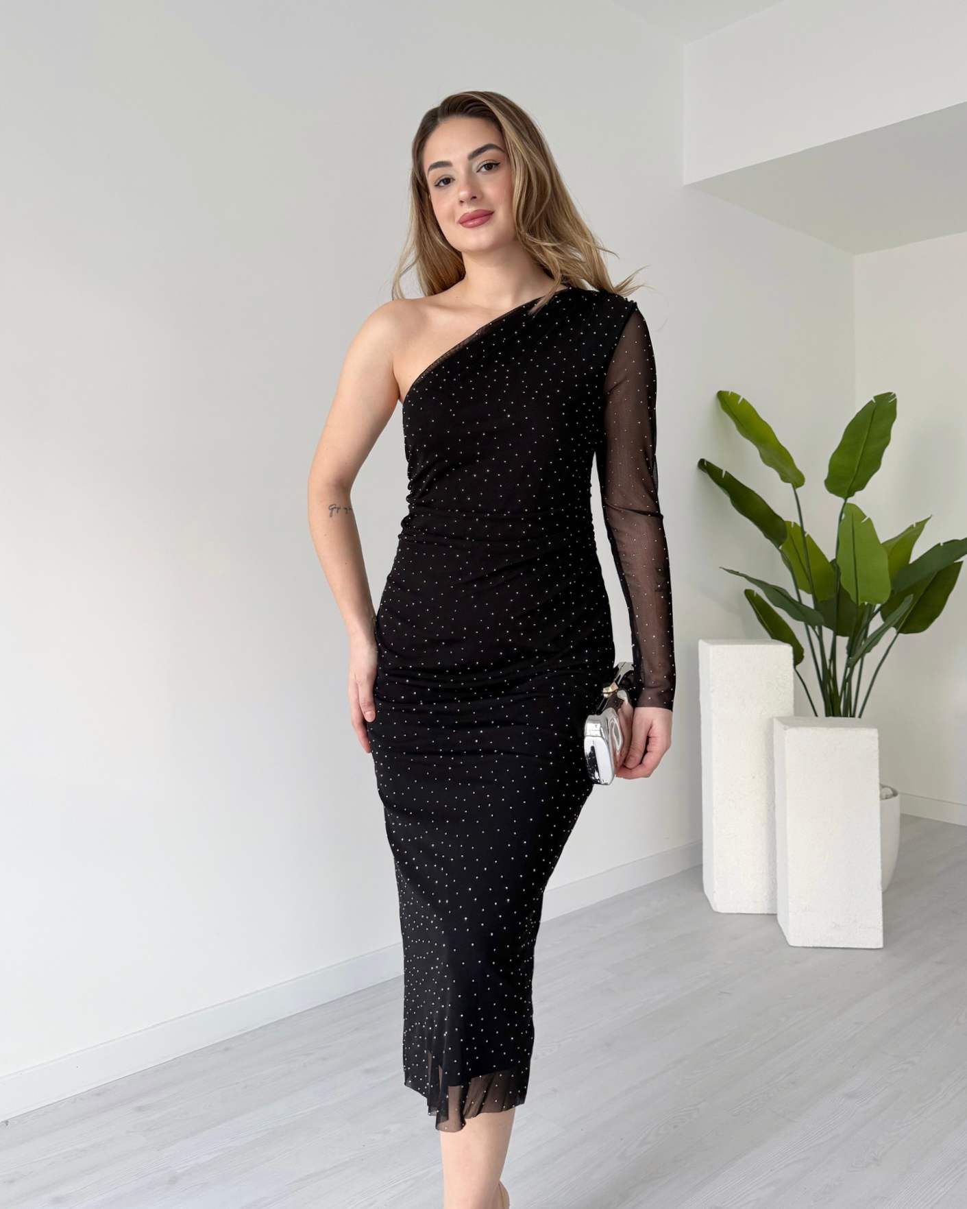 Tek Omuz Taş Süslemeli Tül Elbise - Siyah