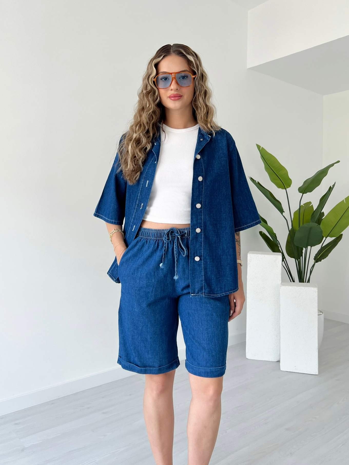 Şortlu Denim Takım - Mavi
