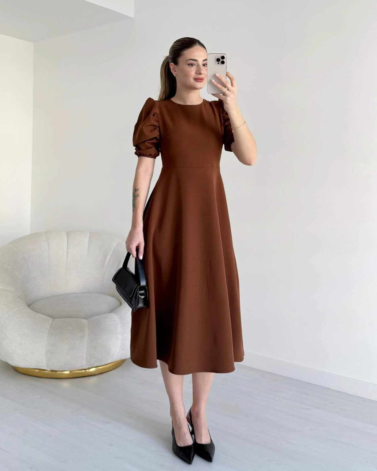 Prenses Kol HEIDI Elbise - Kahve