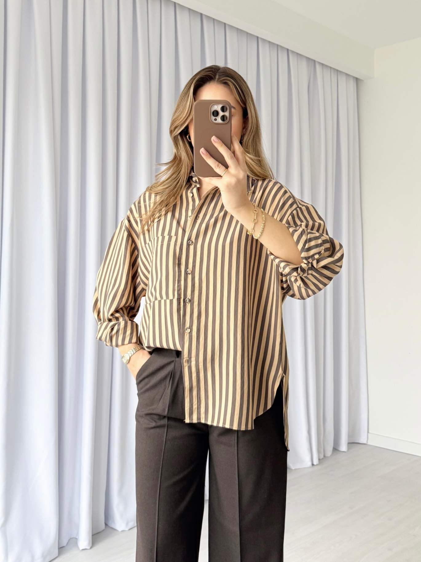 Oversize Çizgili Gömlek - Kahve