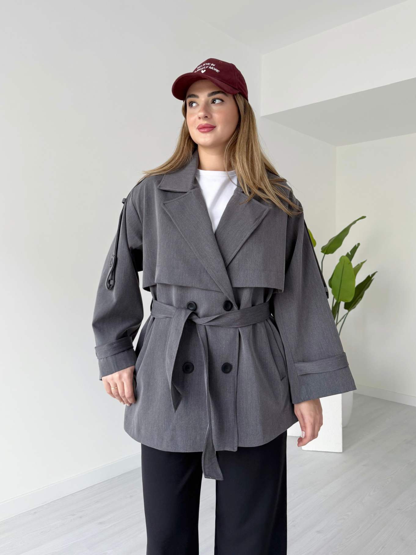 Oversize Kuşaklı Antrasit Trençkot