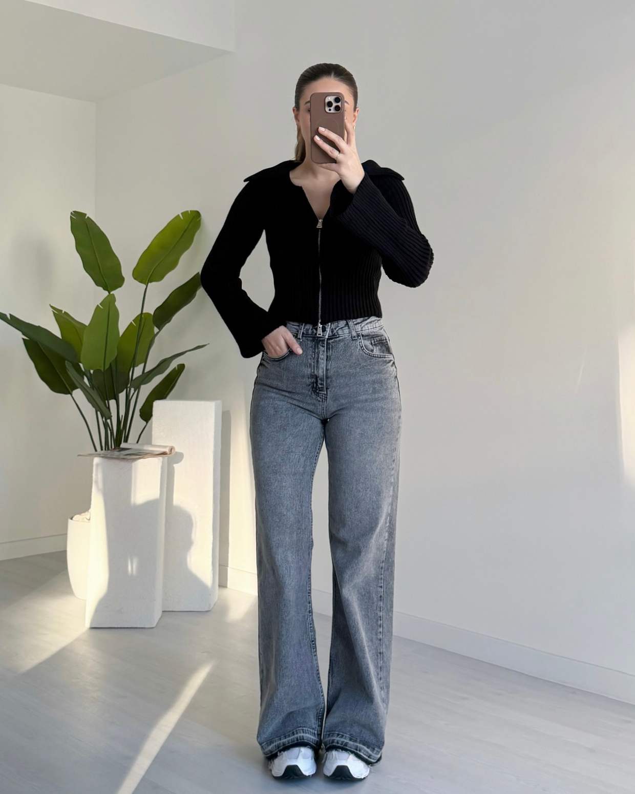 Çift Fermuarlı Geniş Yaka Hırka