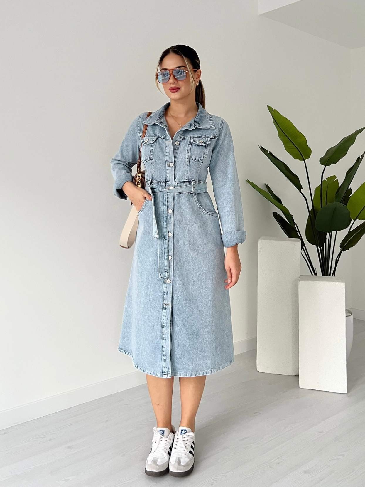 Uzun Kol Kuşaklı Denim Elbise