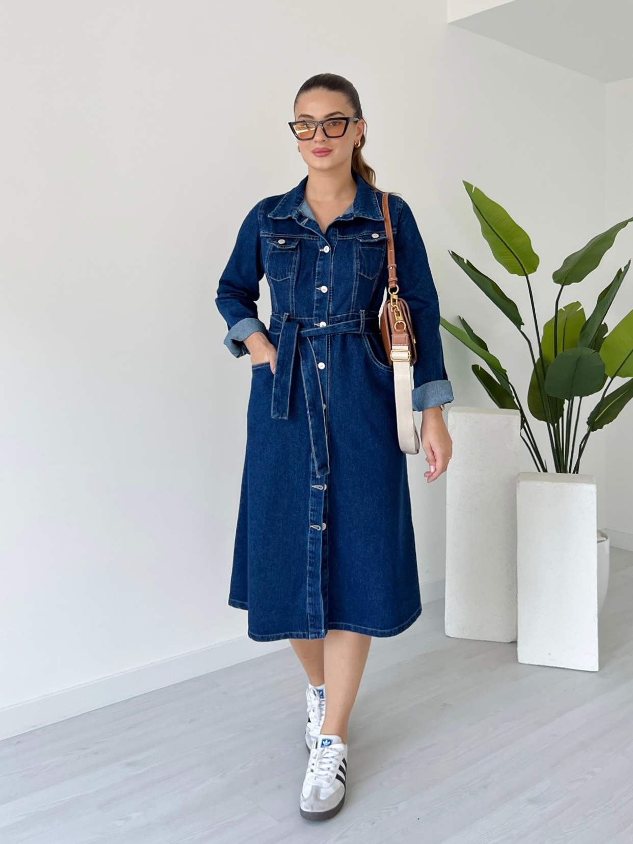 Uzun Kol Kuşaklı Denim Elbise