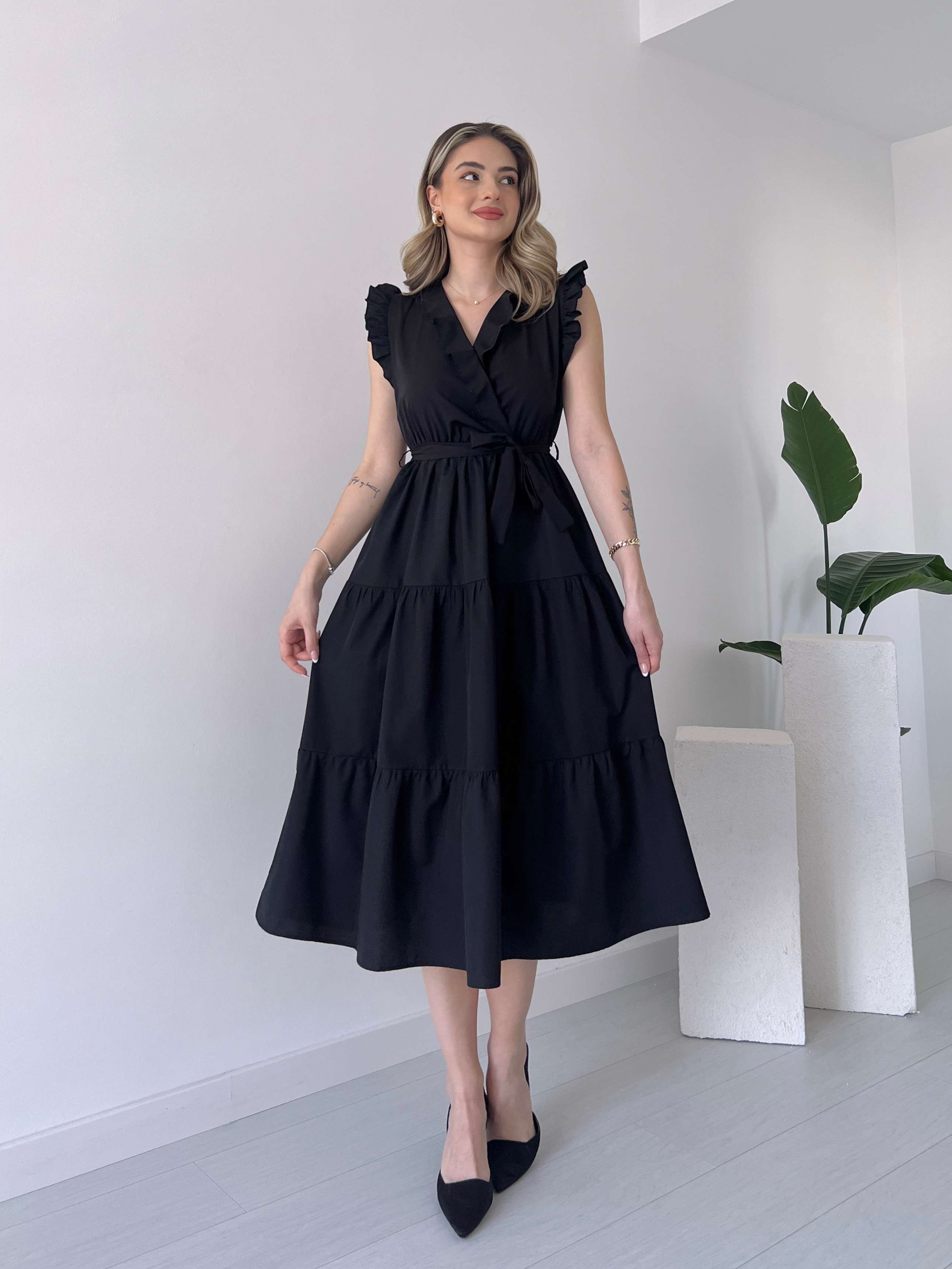 Omuz Detaylı CLARA Poplin Elbise - Siyah
