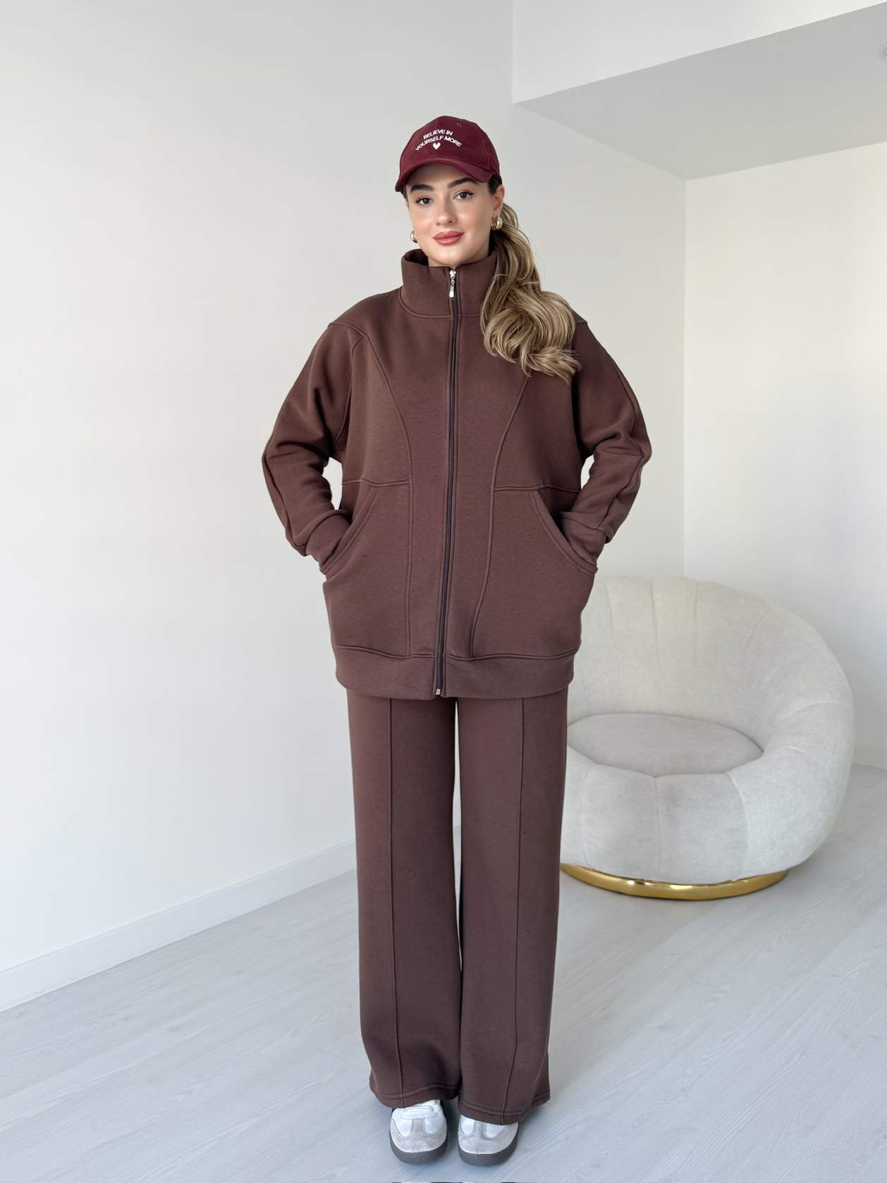 Şardonlu Üç İplik Eşofman Takımı - Kahve