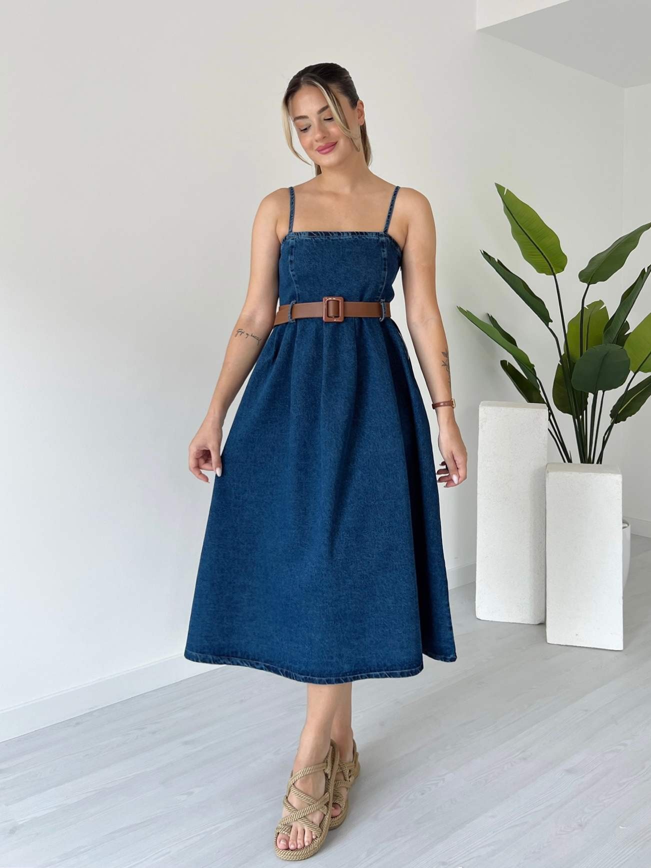 Askılı Denim Elbise
