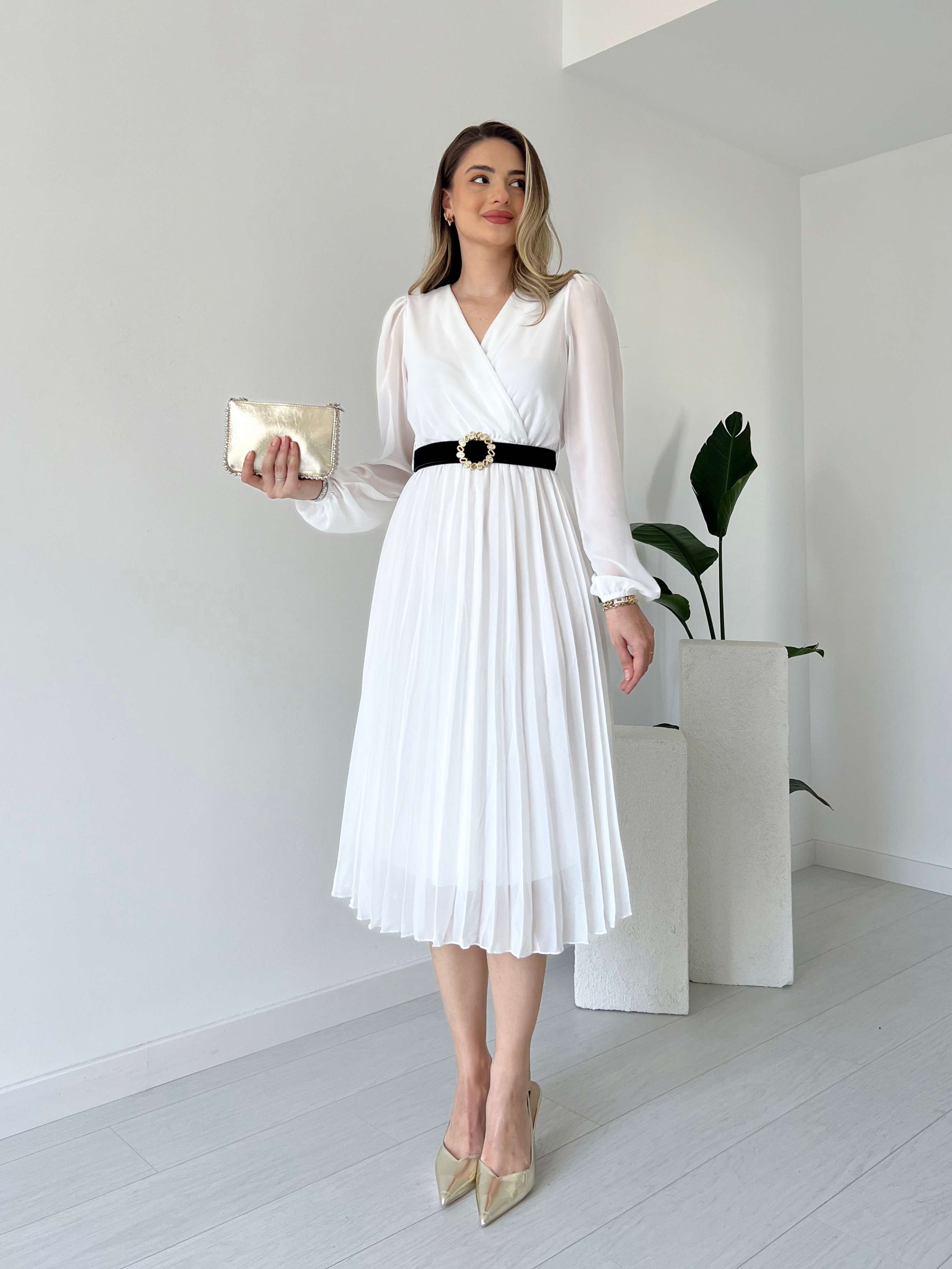JUSTIN Eteği Pileli Şifon Elbise - Beyaz