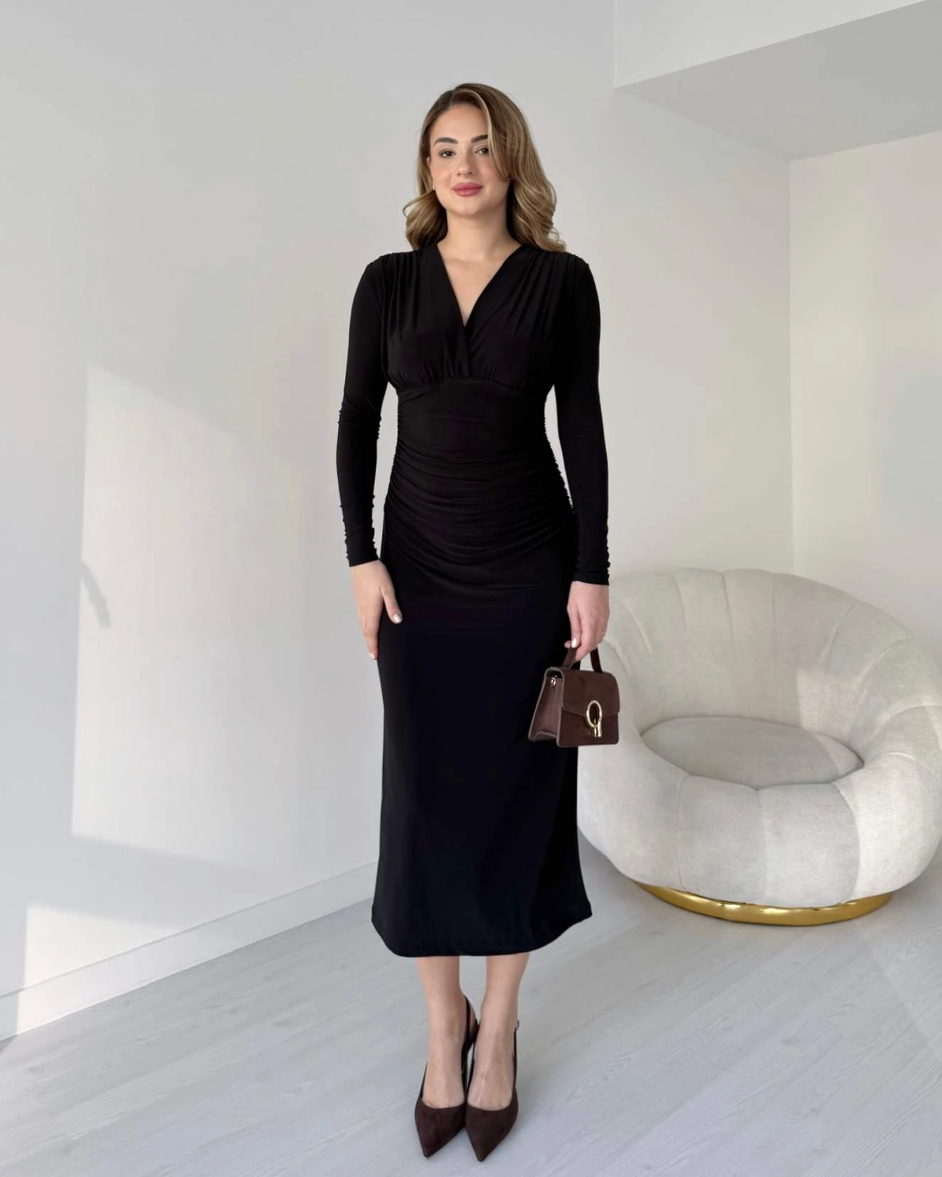 Kruvaze Yaka Midi Boy Sandy Elbise