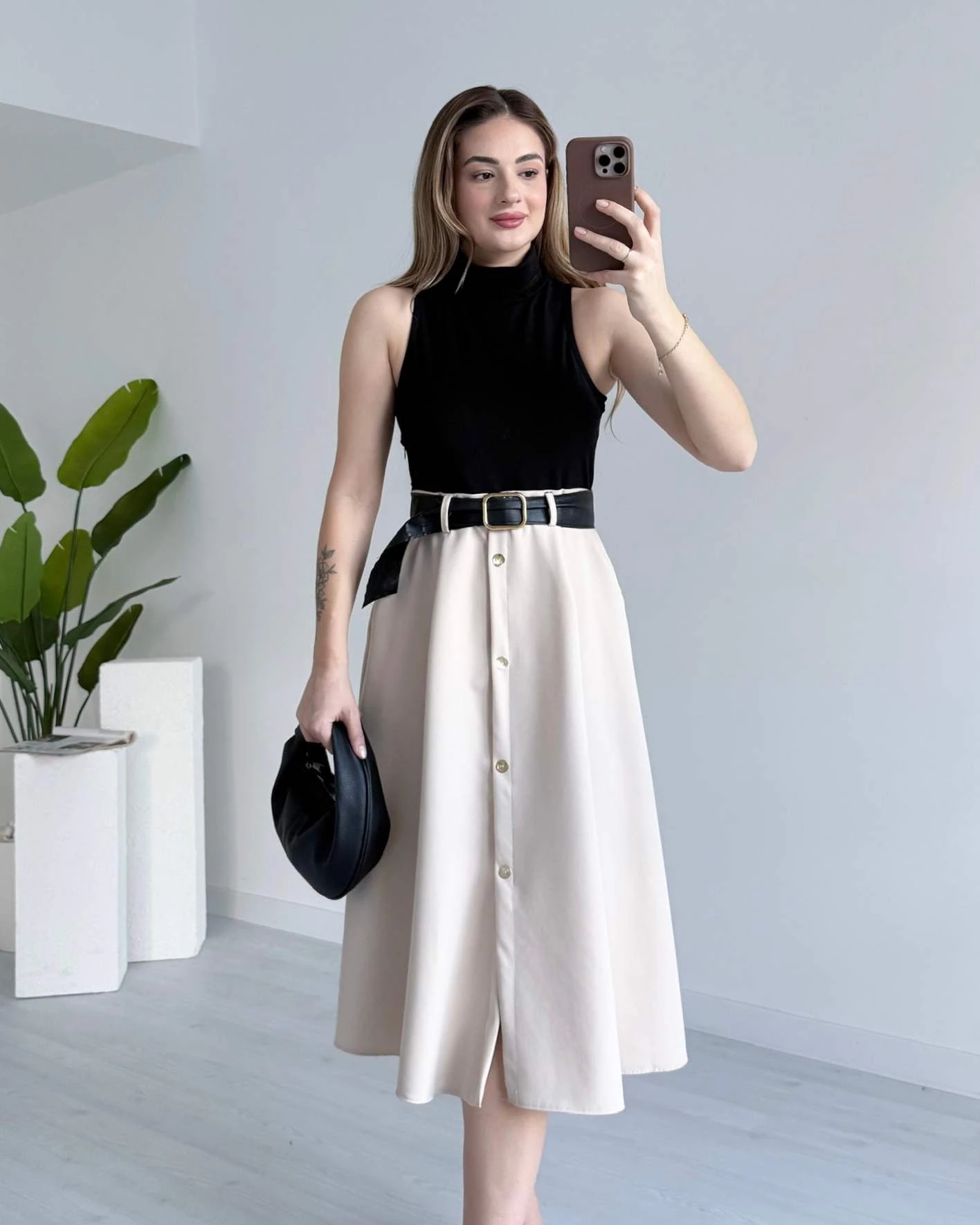 Balıkçı Yaka Çift Renkli EDSON Elbise - Bej