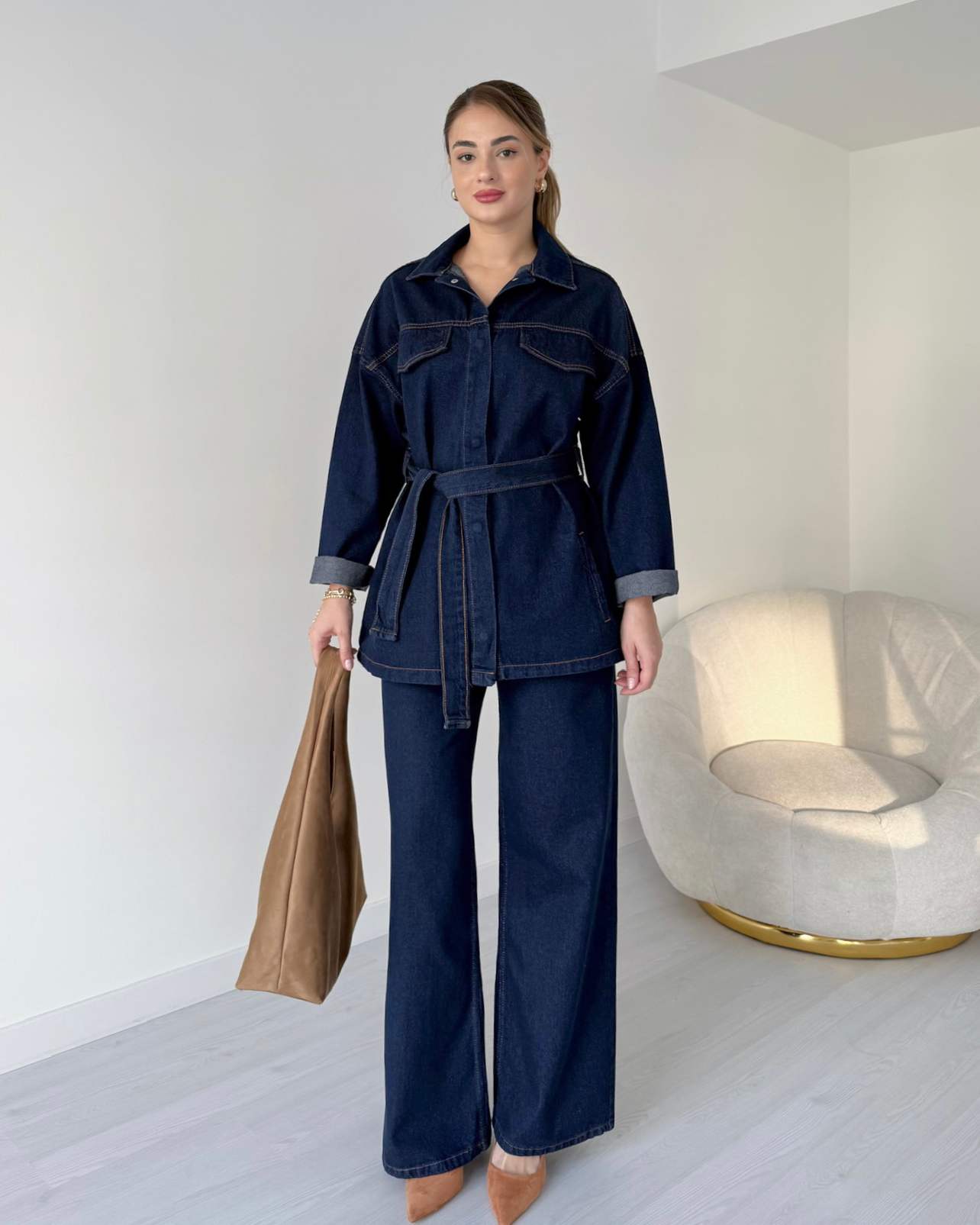 Denim Ceket Pantolon İkili Takım - Koyu Mavi