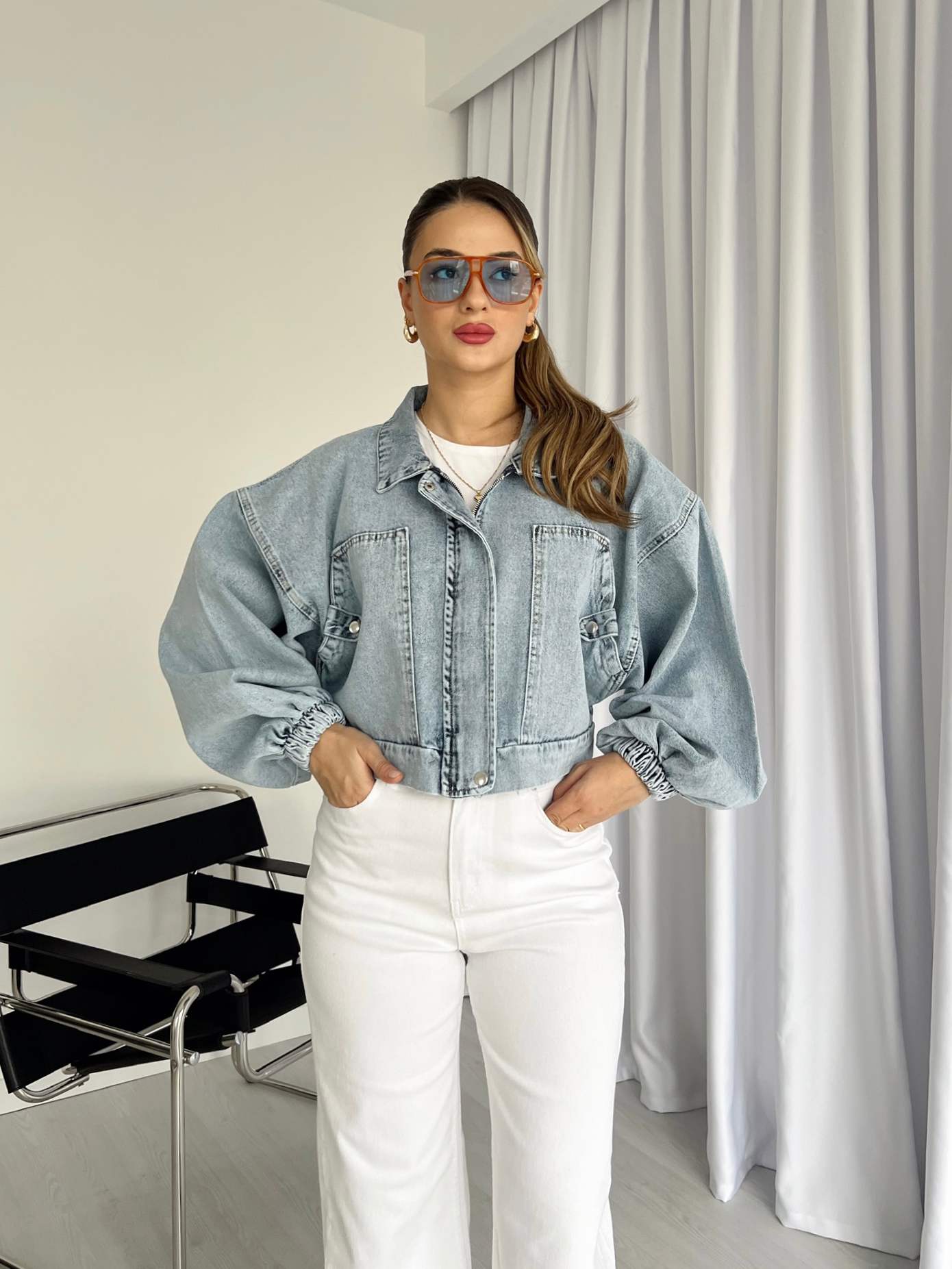 Balon Kol Crop Denim Mont