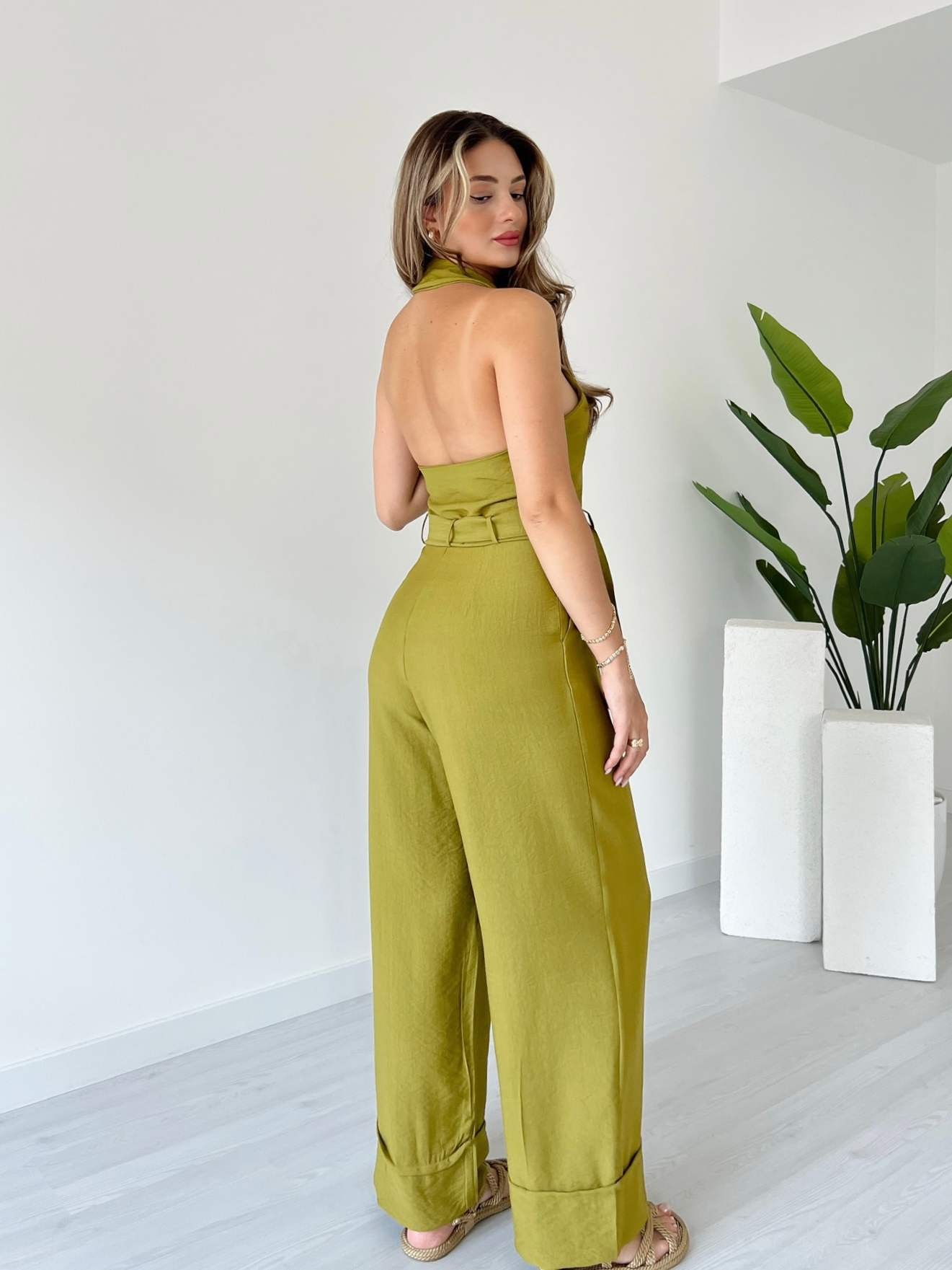 Duble Paça Sırt Detaylı Tulum - Olive Yeşil