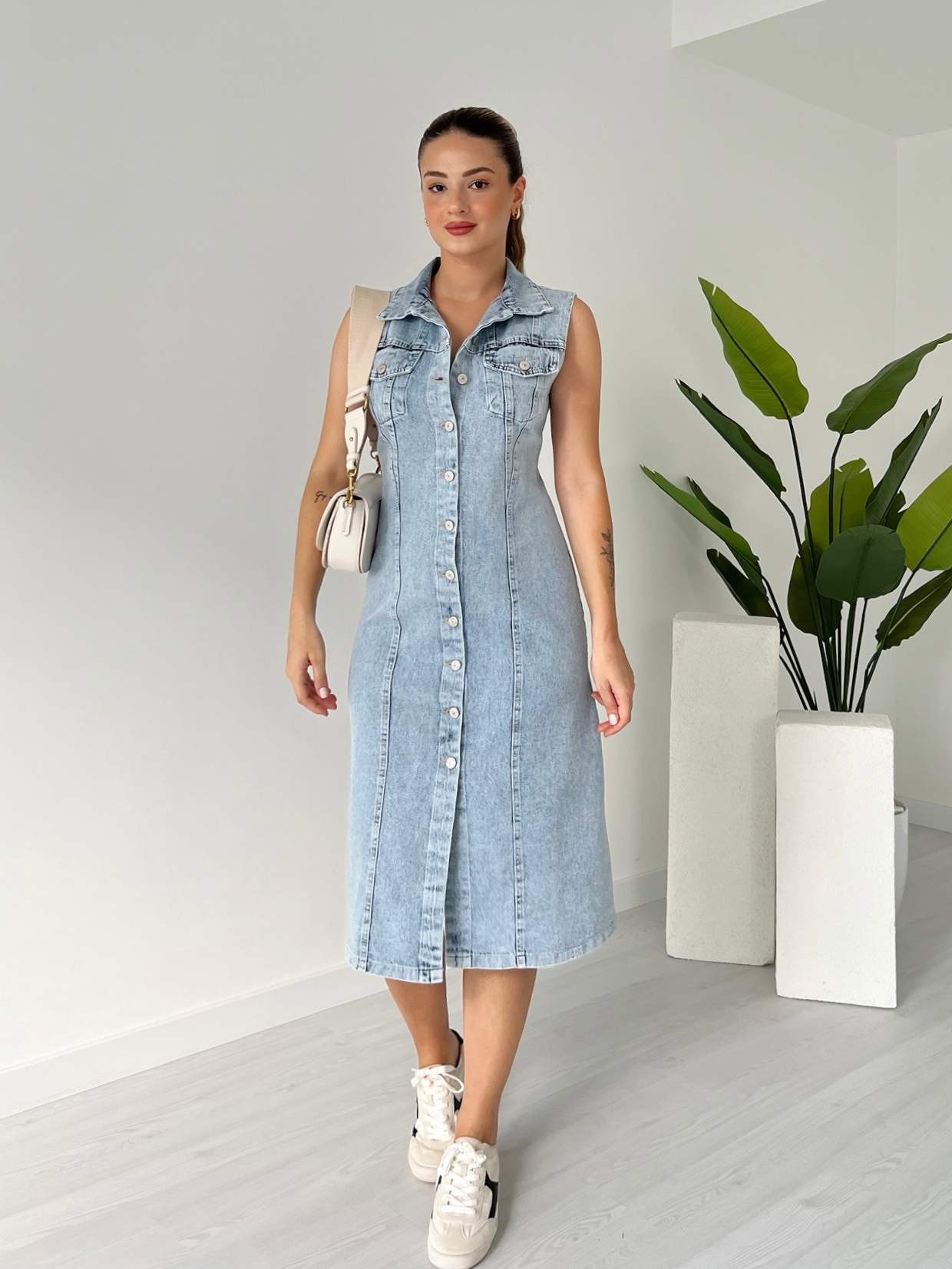 Sıfır Kol Önü Düğmeli Denim Elbise - Kar Yıkama
