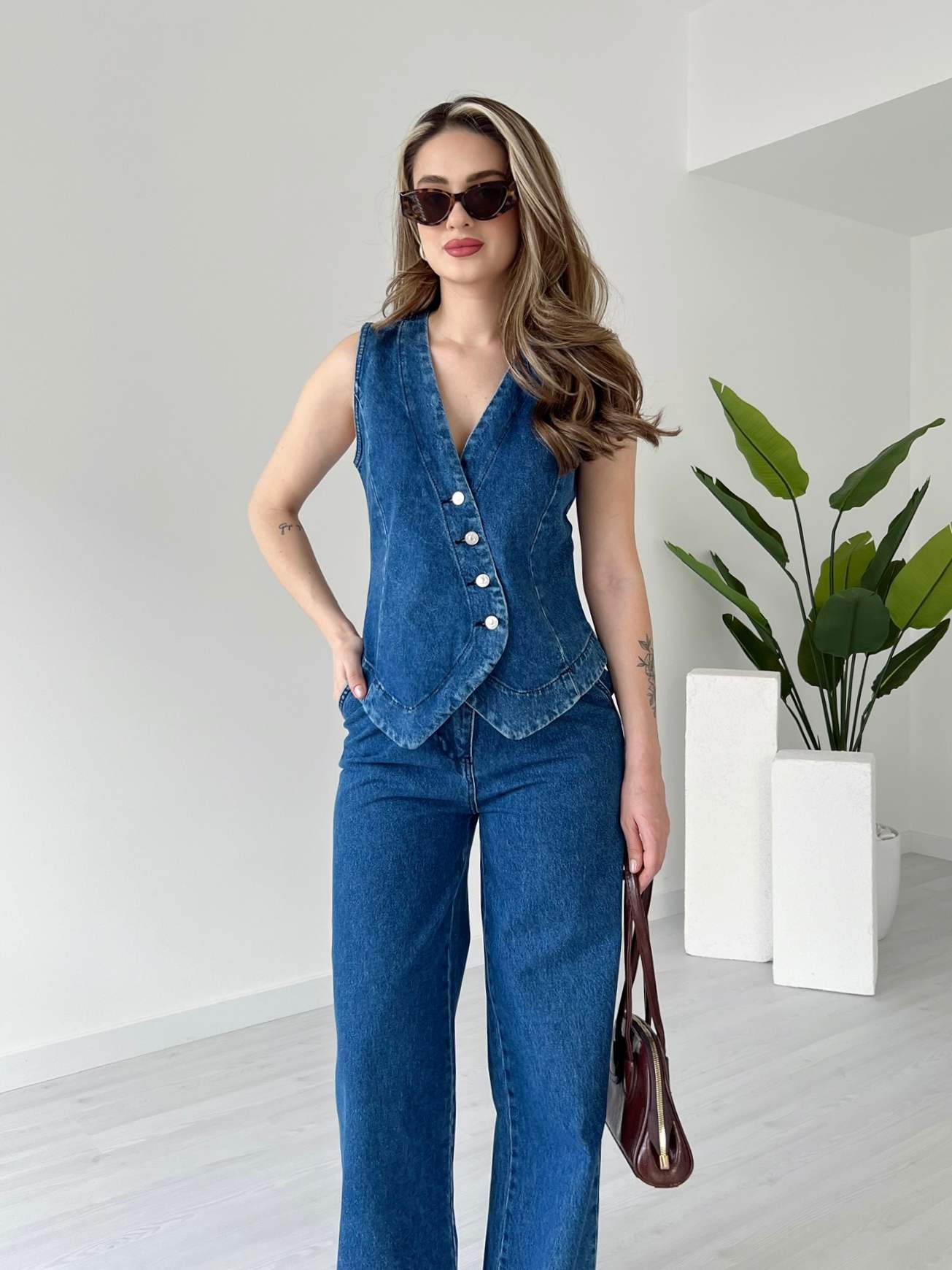 Asimetrik Yelekli Denim Takım - Mavi
