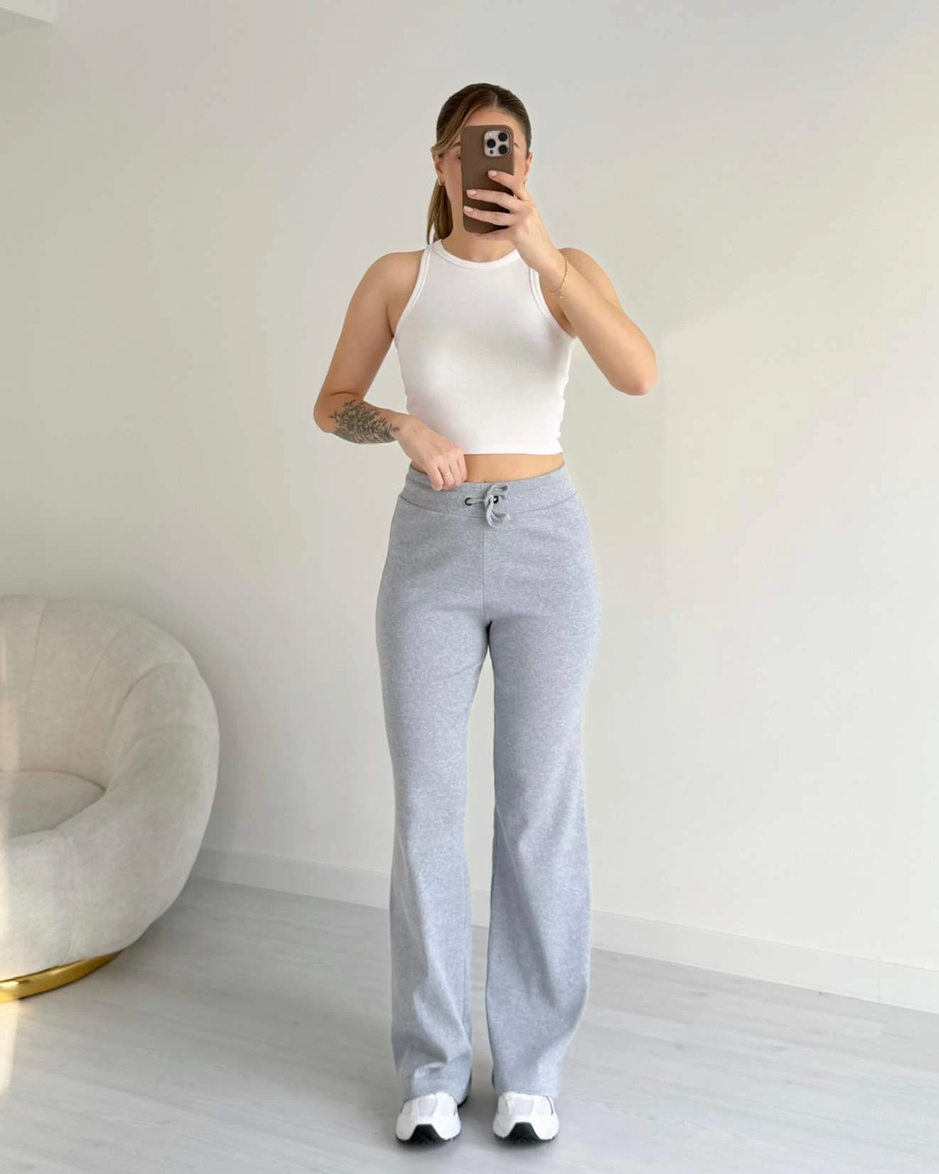 Bol Paça Fitilli Penye Pantolon - Gri