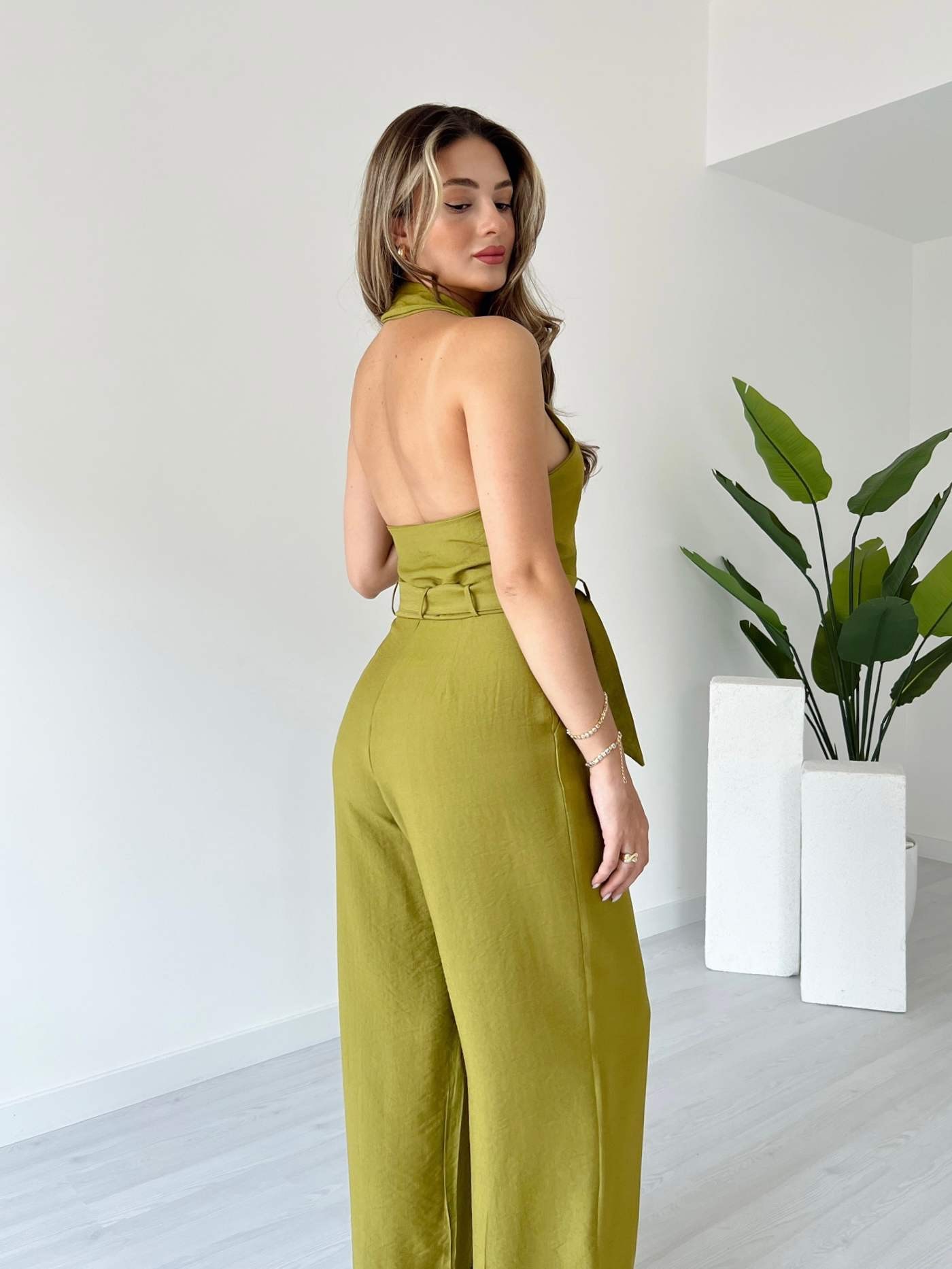 Duble Paça Sırt Detaylı Tulum - Olive Yeşil