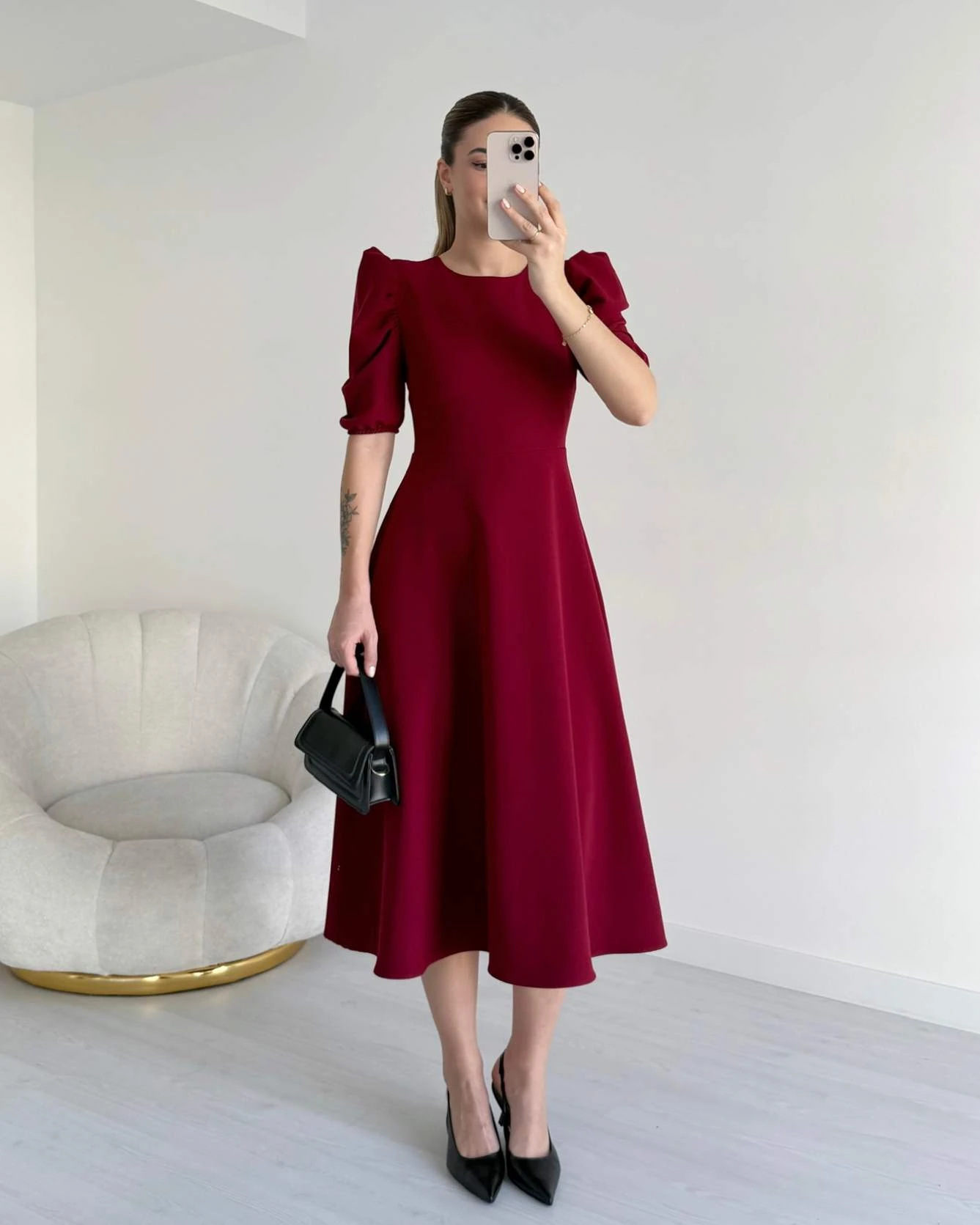 Prenses Kol HEIDI Elbise - Bordo