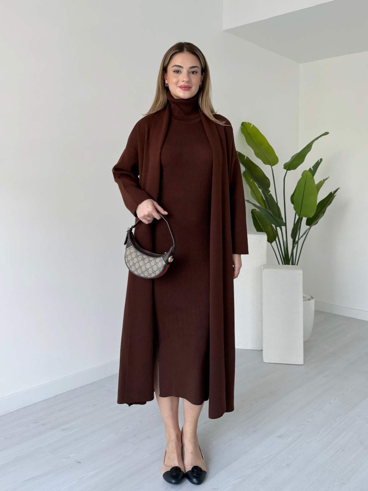 Acı Kahve Elbise Hırka Takım