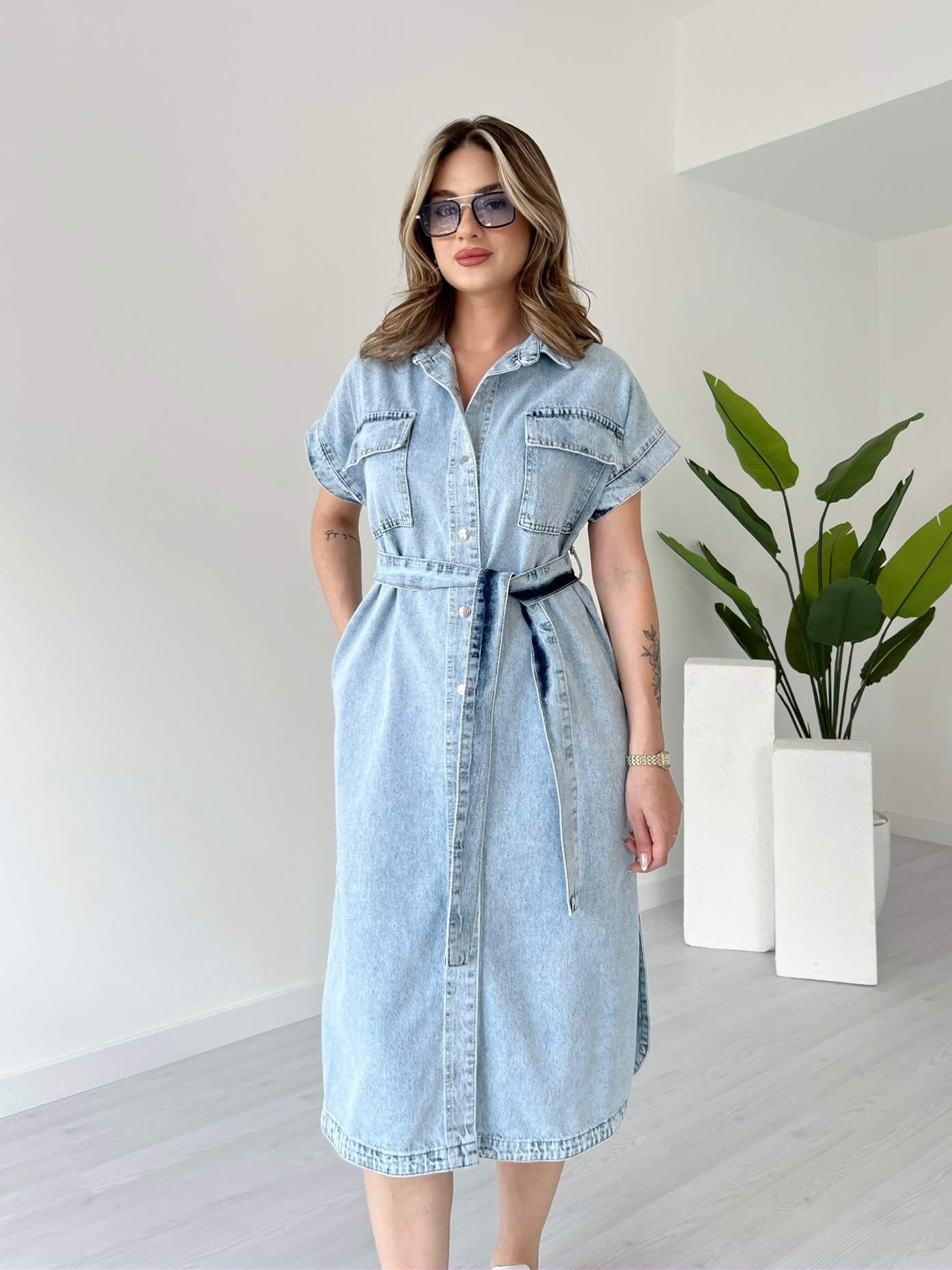 Kar Yıkama Çıtçıtlı Midi Denim Elbise - Kar Yıkama